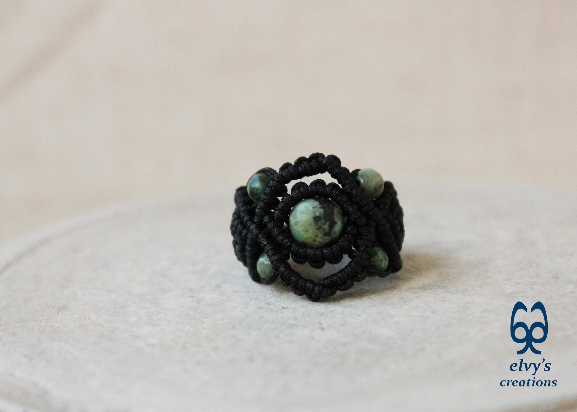 Black Macrame Ring with Turquoise Gemstones Handmade Macrame Jewelry