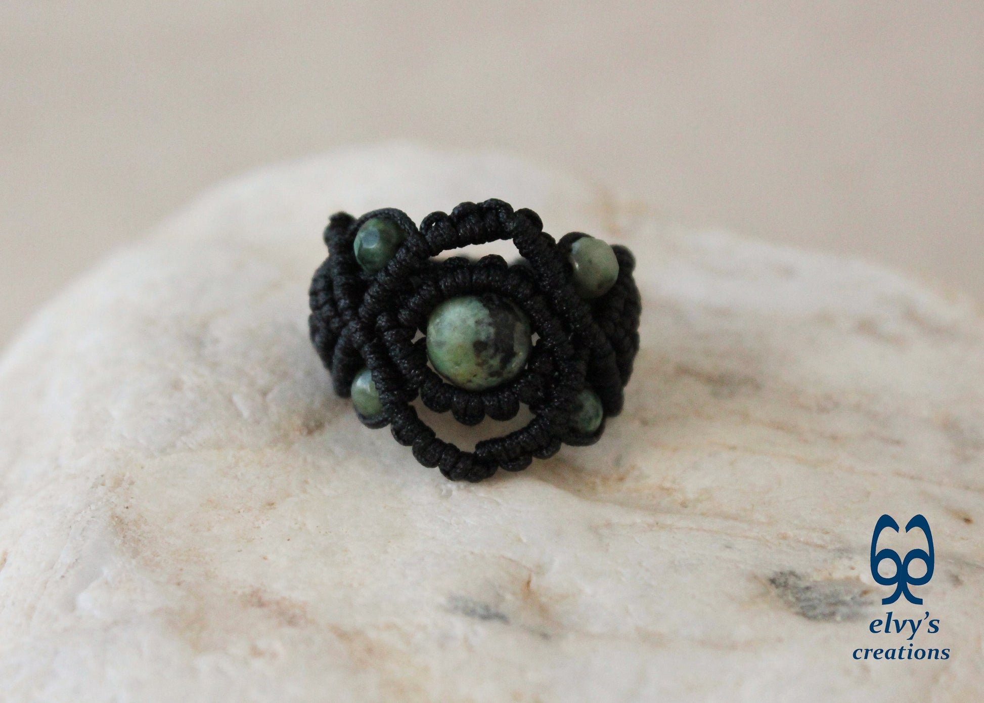 Black Macrame Ring with Turquoise Gemstones Handmade Macrame Jewelry