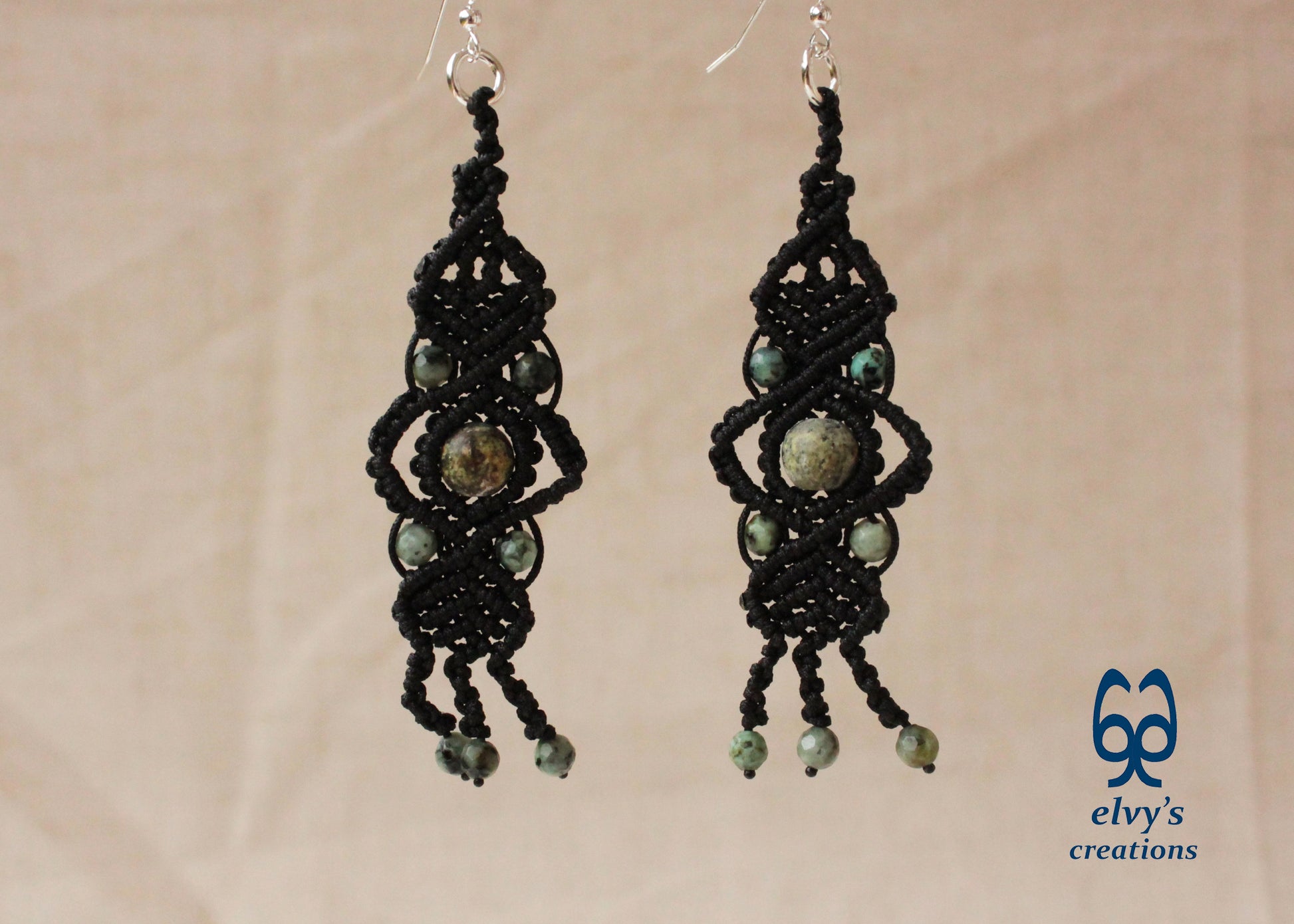 Black Macrame Earrings with Turquoise Gemstones Lace Silver Earrings