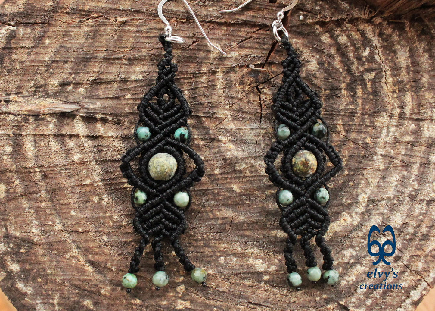 Black Macrame Earrings with Turquoise Gemstones Lace Silver Earrings