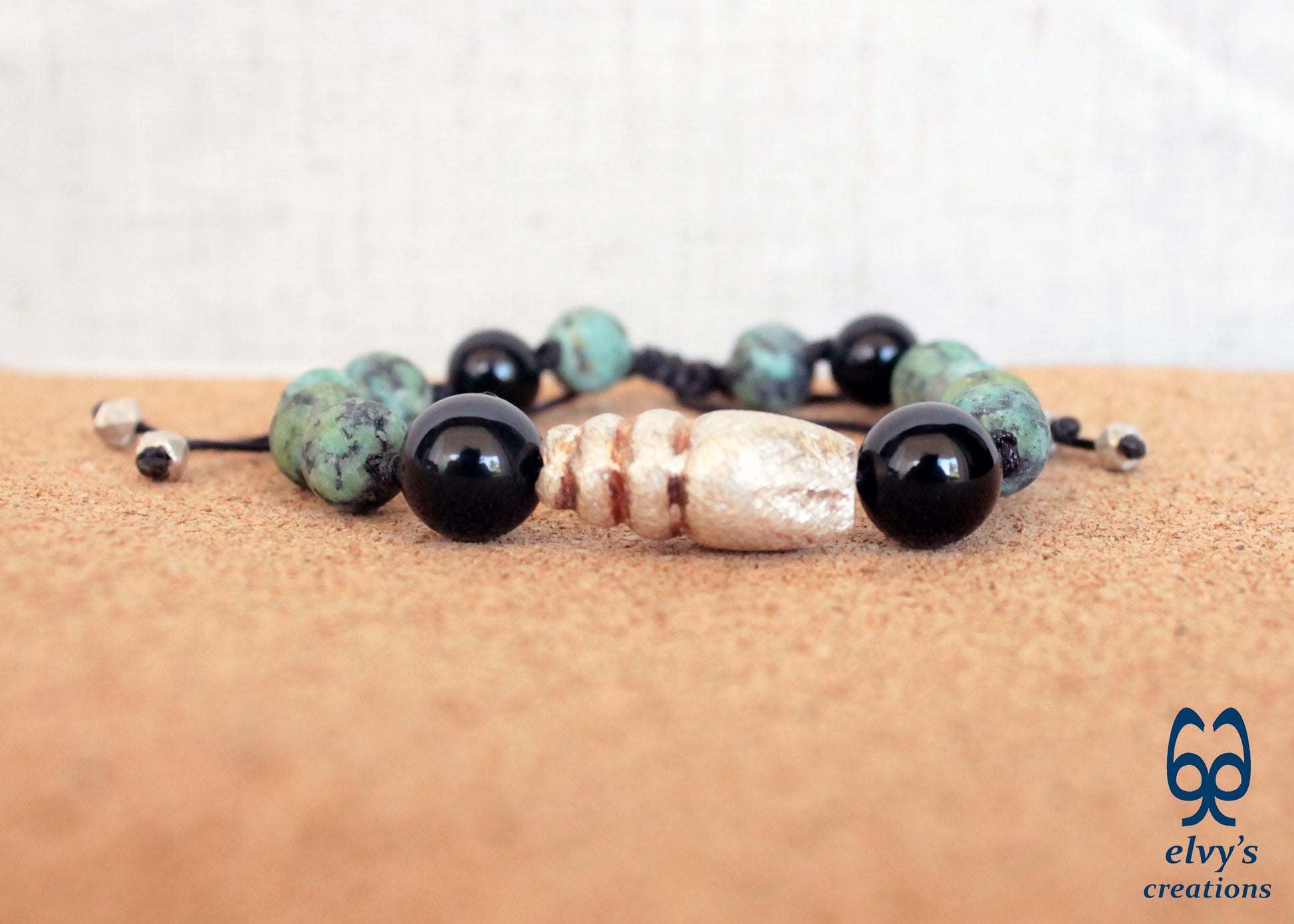 Turquoise Macrame Bracelet, Onyx Gemstone Beaded Cuff, Unique Birthday Gift for Women