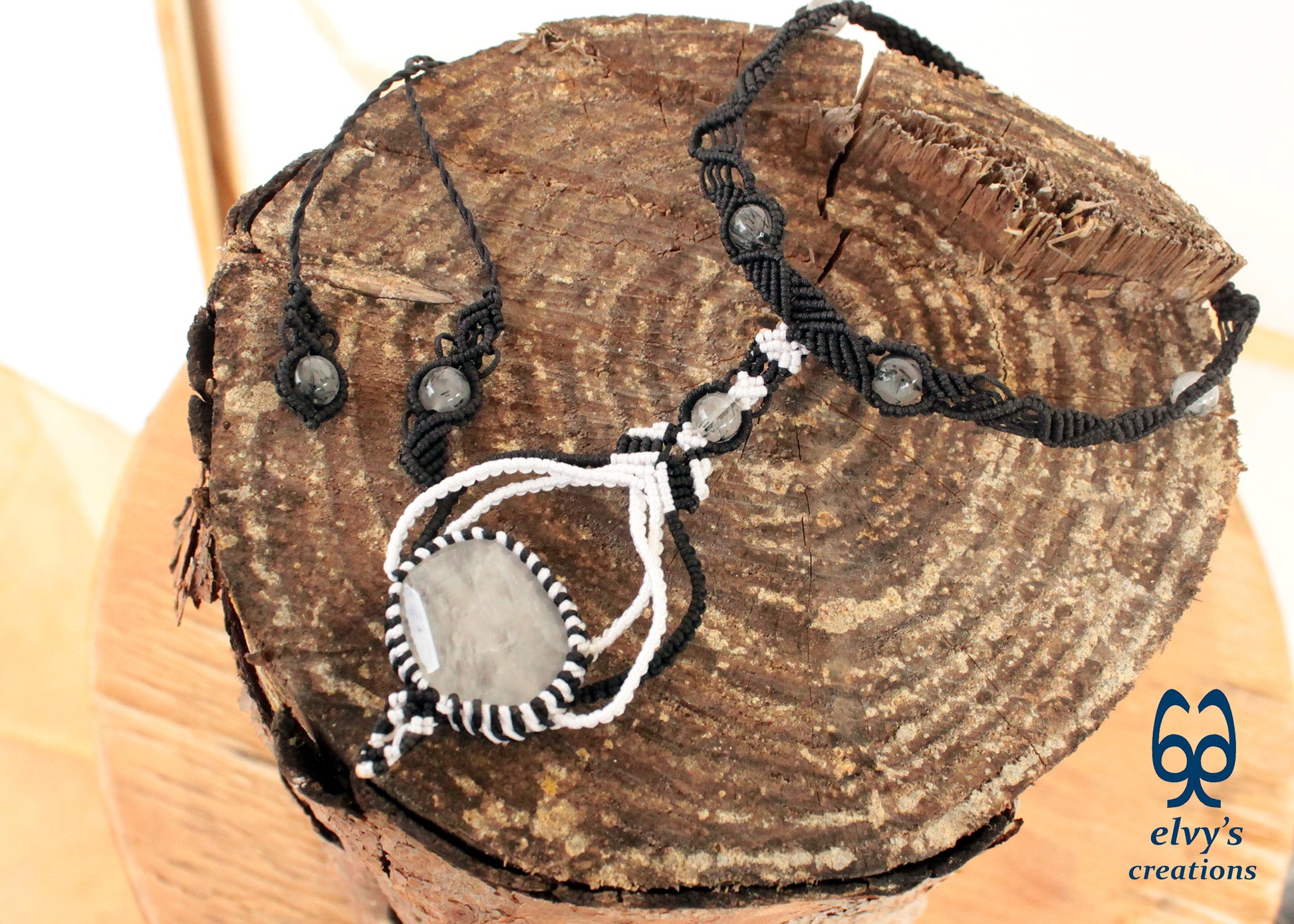 Black Macrame Choker Necklace White Quartz Crystal Macrame Necklace for Women Birthday Gift 