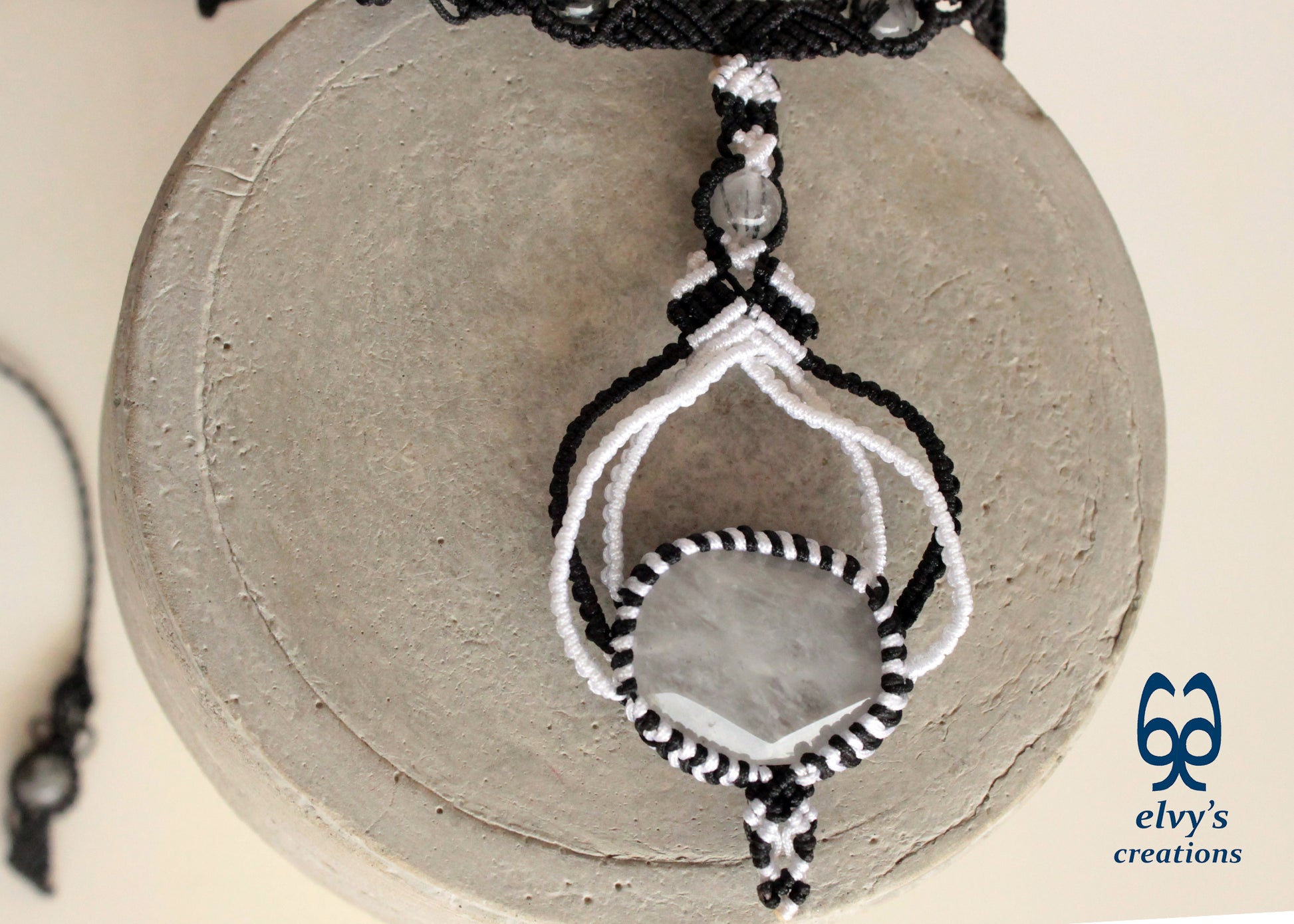 Black Macrame Choker Necklace White Quartz Crystal Macrame Necklace for Women Birthday Gift 