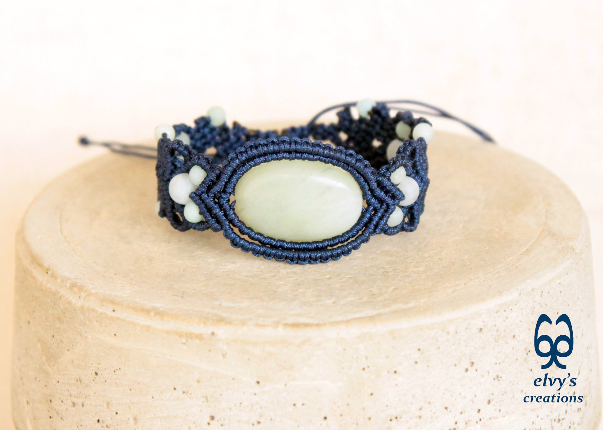 Blue Macrame Bracelet with Amazonite Gemstone Adjustable Unique Birthday Gift for Women