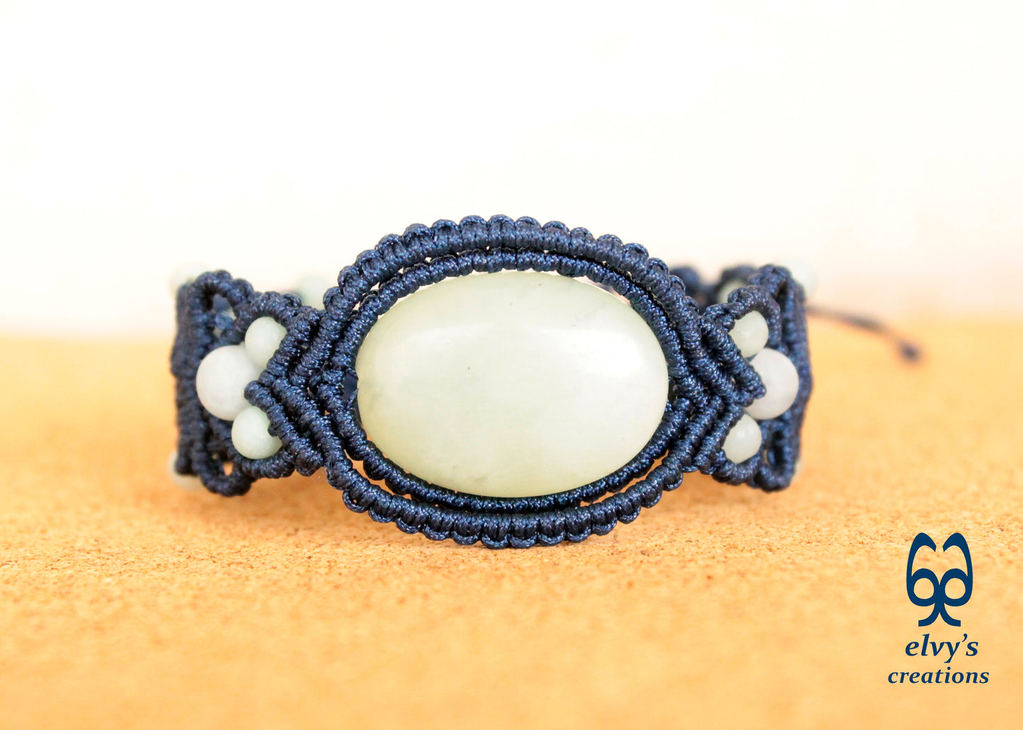 Blue Macrame Bracelet with Amazonite Gemstone Adjustable Unique Birthday Gift for Women