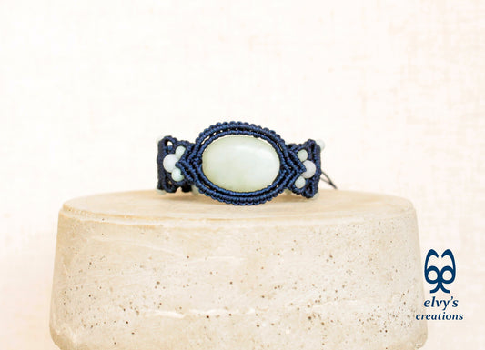 Blue Macrame Bracelet with Amazonite Gemstone Adjustable Unique Birthday Gift for Women