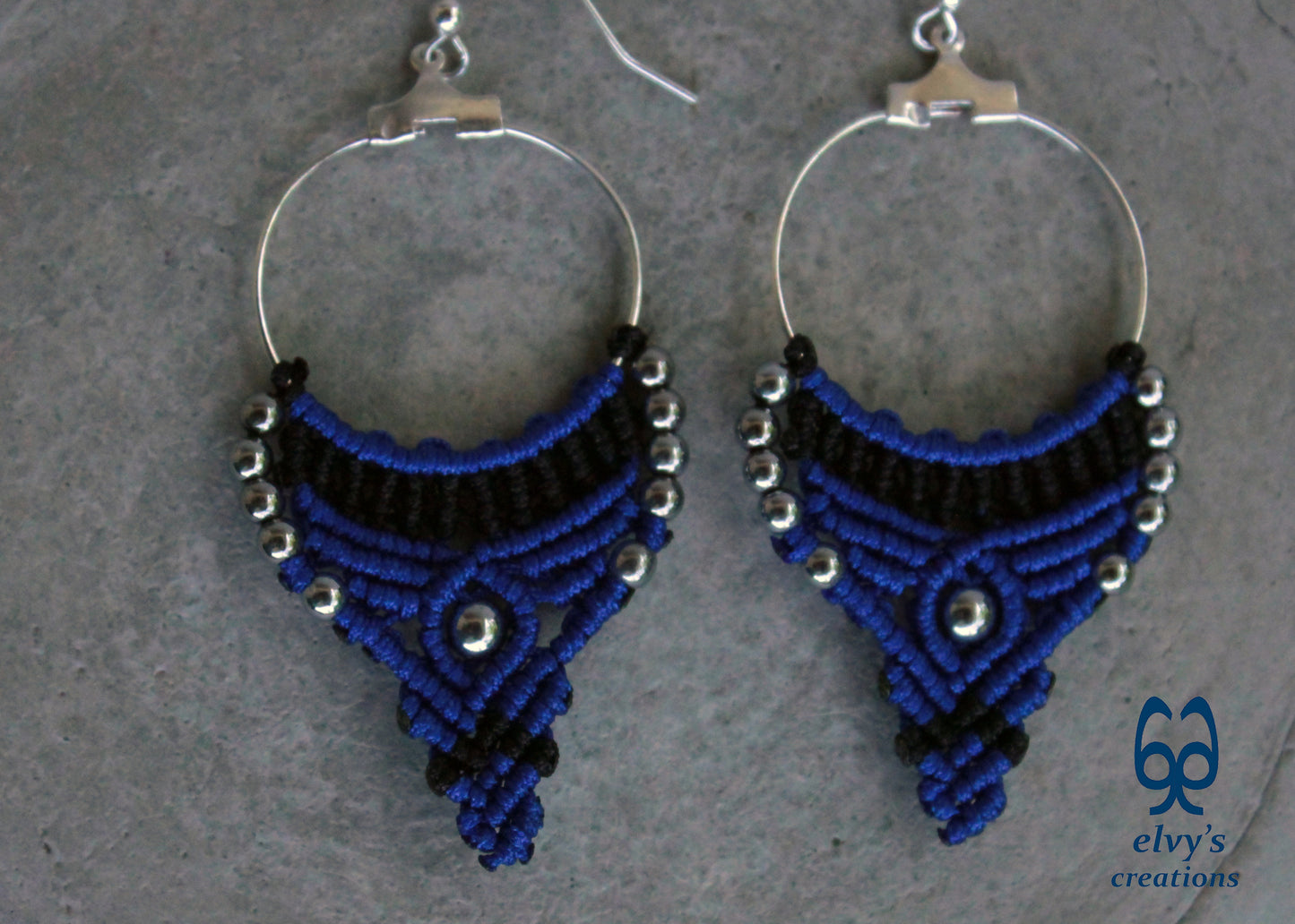 Blue and Black Macrame Earrings Hematite Gemstones Hoop Earrings