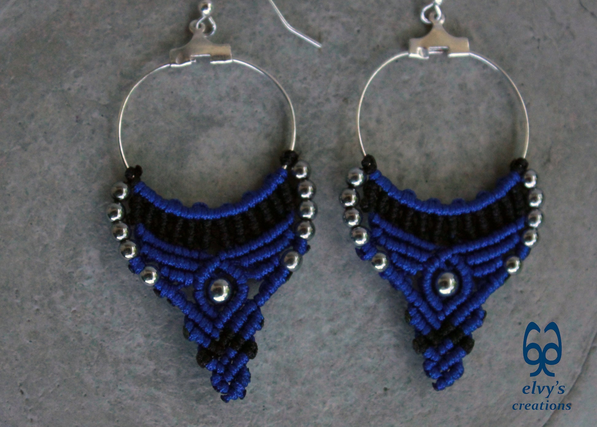 Blue and Black Macrame Earrings Hematite Gemstones Hoop Earrings