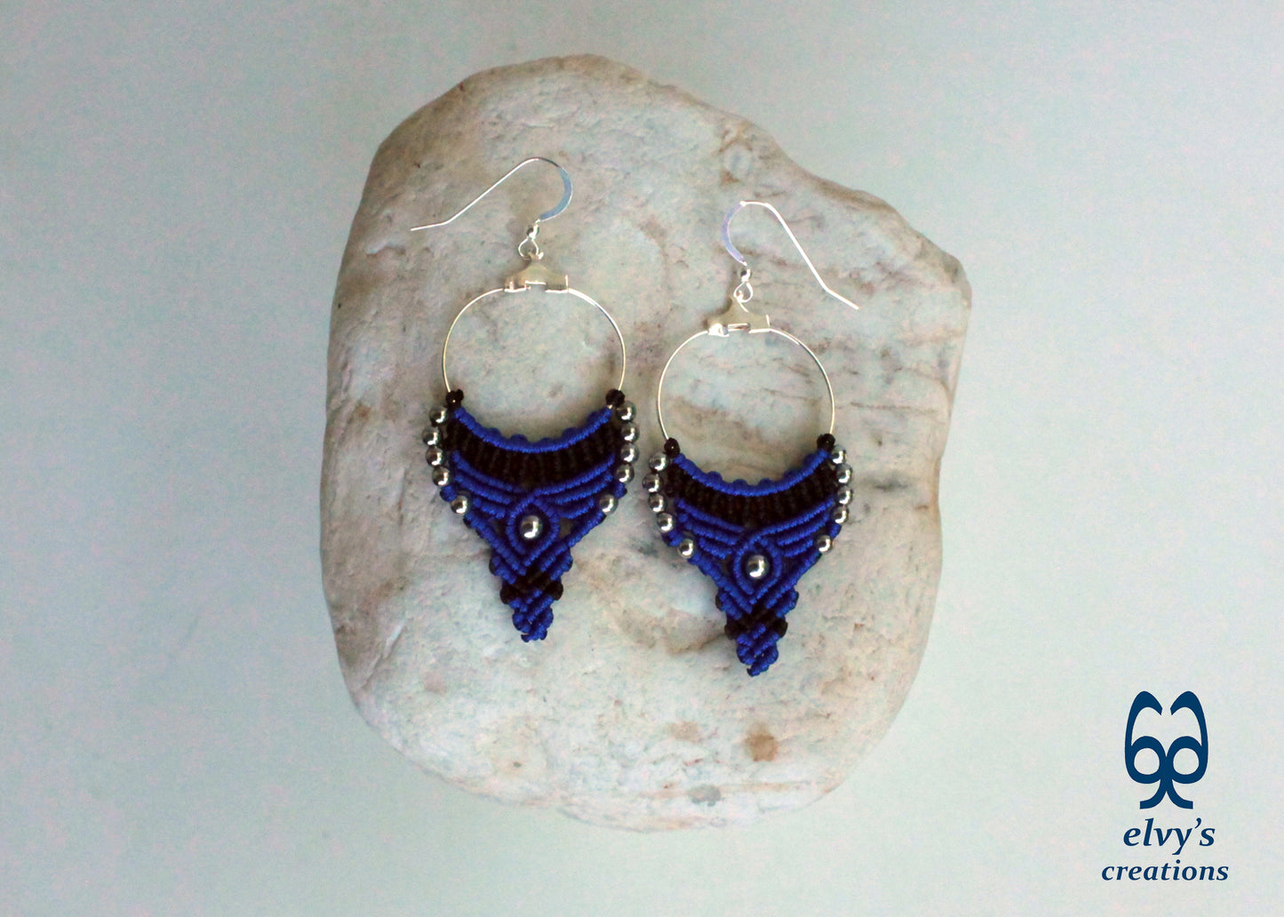 Blue and Black Macrame Earrings Hematite Gemstones Hoop Earrings