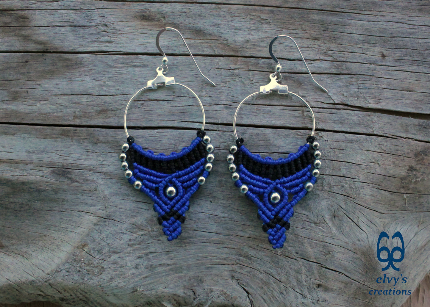 Blue and Black Macrame Earrings Hematite Gemstones Hoop Earrings