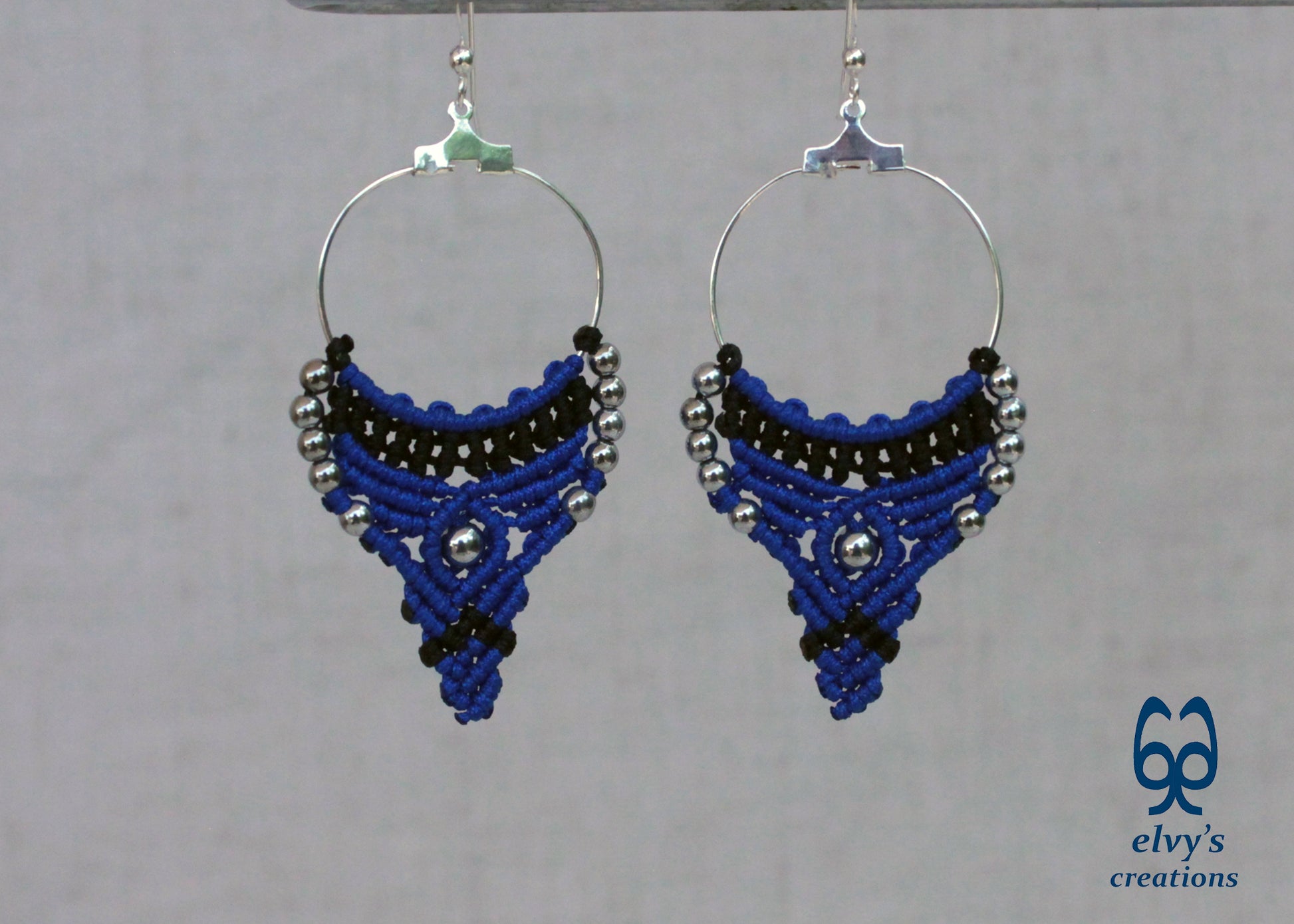 Blue and Black Macrame Earrings Hematite Gemstones Hoop Earrings