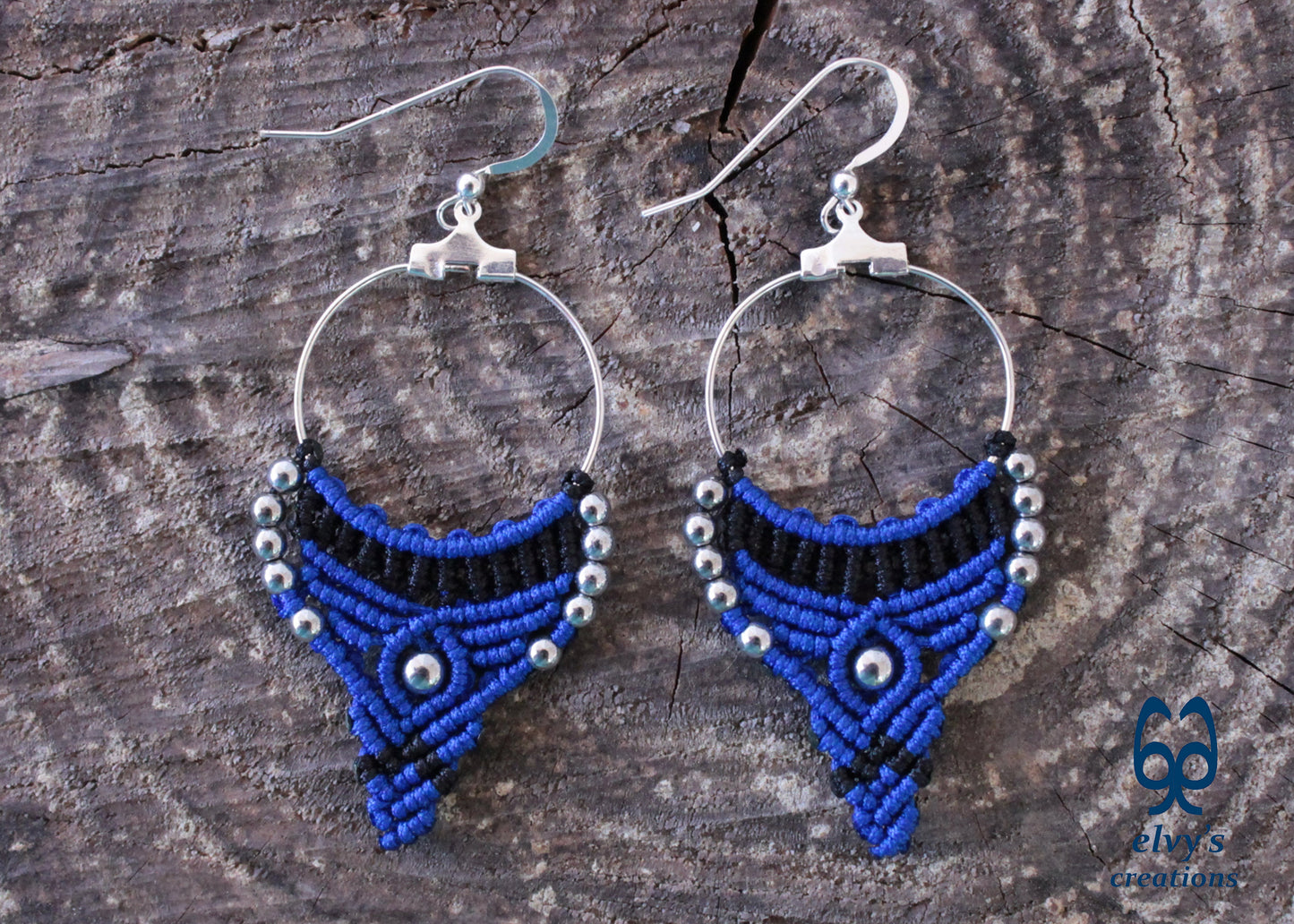 Blue and Black Macrame Earrings Hematite Gemstones Hoop Earrings