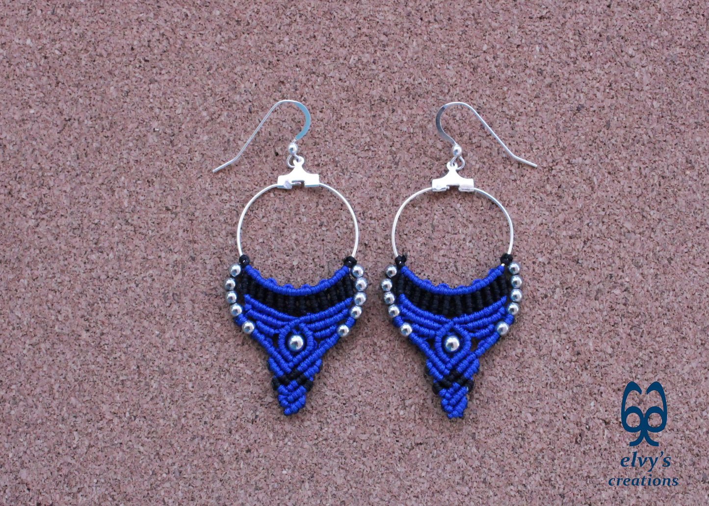 Blue and Black Macrame Earrings Hematite Gemstones Hoop Earrings