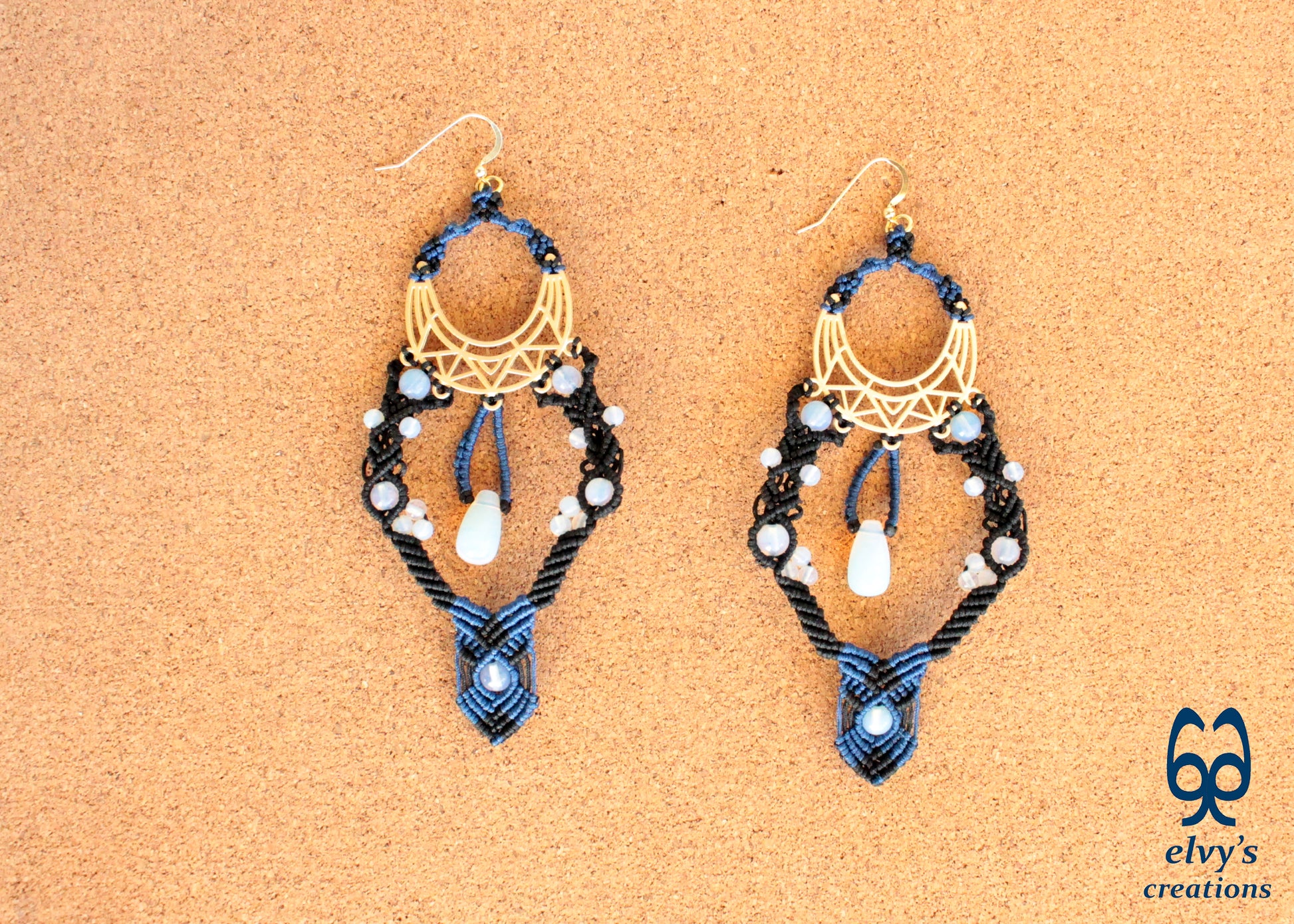 Black and Blue Macrame Earrings with Moonstones Glamour Long Dangle Boho Earrings Silver Gold Handmade Jewelry