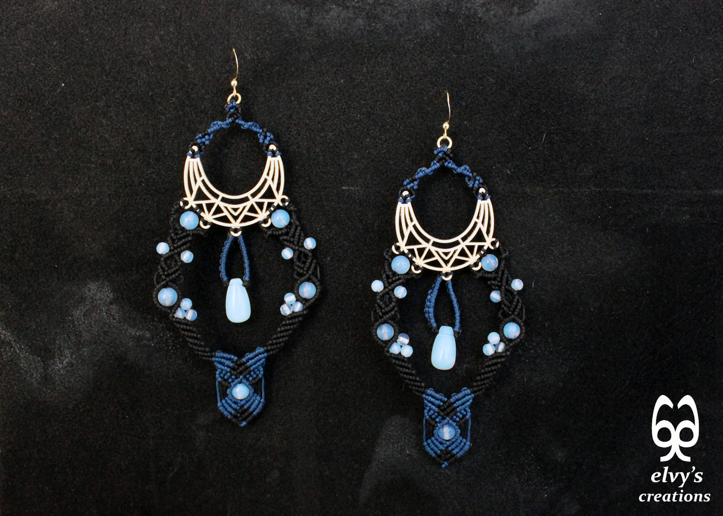 Black and Blue Macrame Earrings with Moonstones Glamour Long Dangle Boho Earrings Silver Gold Handmade Jewelry