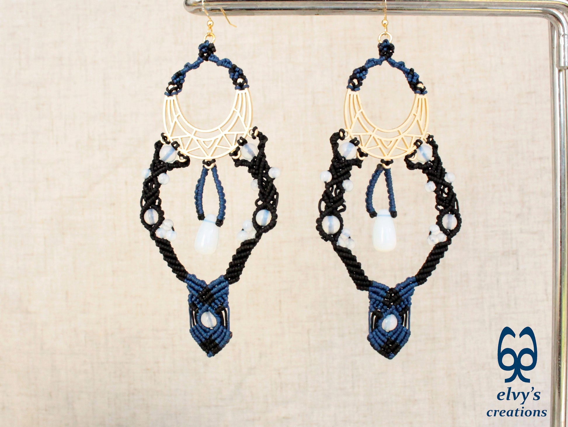 Black and Blue Macrame Earrings with Moonstones Glamour Long Dangle Boho Earrings Silver Gold Handmade Jewelry