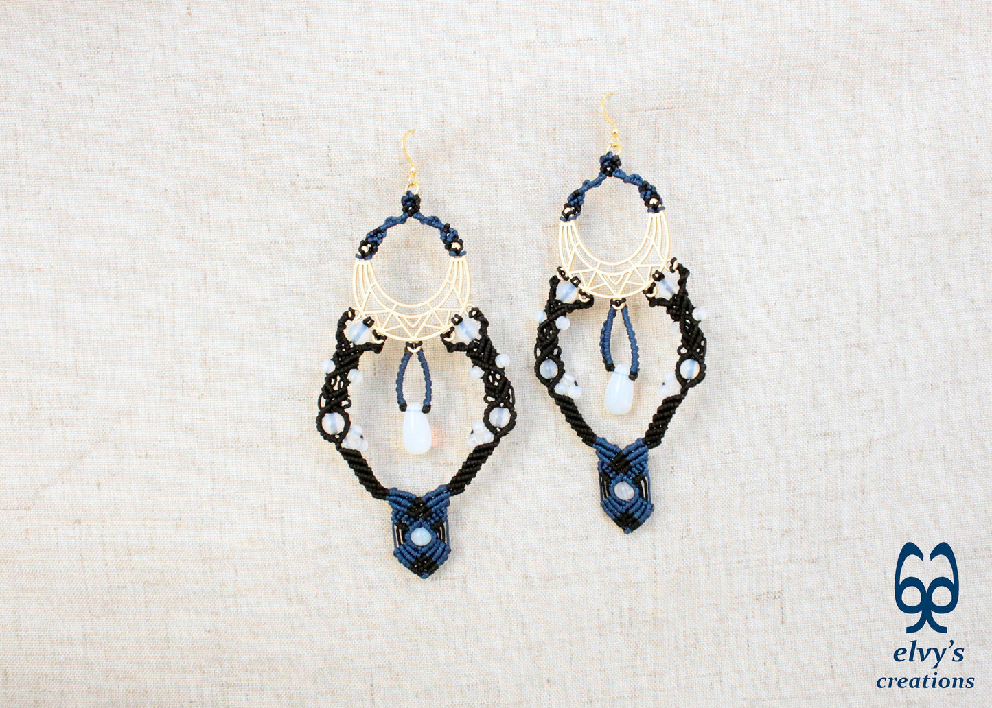 Black and Blue Macrame Earrings with Moonstones Glamour Long Dangle Boho Earrings Silver Gold Handmade Jewelry