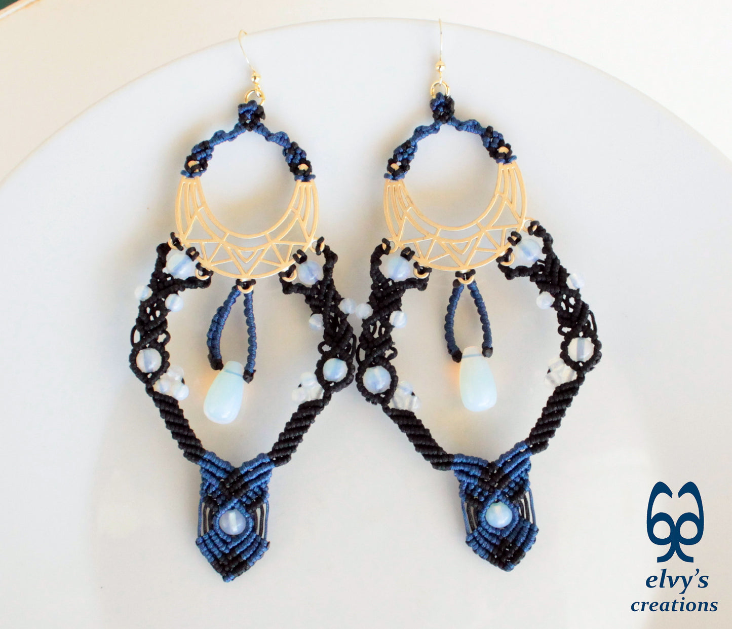 Black and Blue Macrame Earrings with Moonstones Glamour Long Dangle Boho Earrings Silver Gold Handmade Jewelry