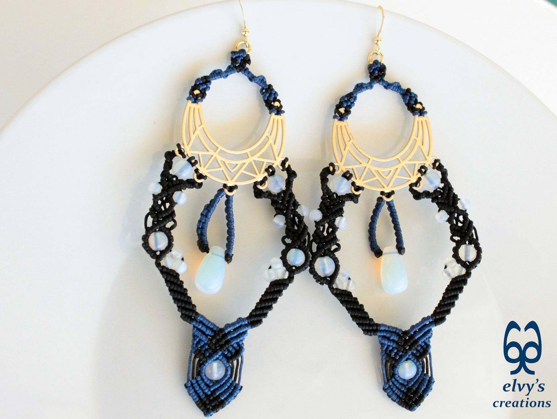 Black and Blue Macrame Earrings with Moonstones Glamour Long Dangle Boho Earrings Silver Gold Handmade Jewelry