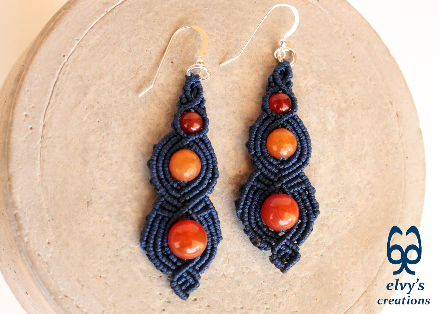 Blue Macrame Beaded Earrings, Carnelian Gemstone Beads, Silver Dangle Earrings, Birthday Gift for Women