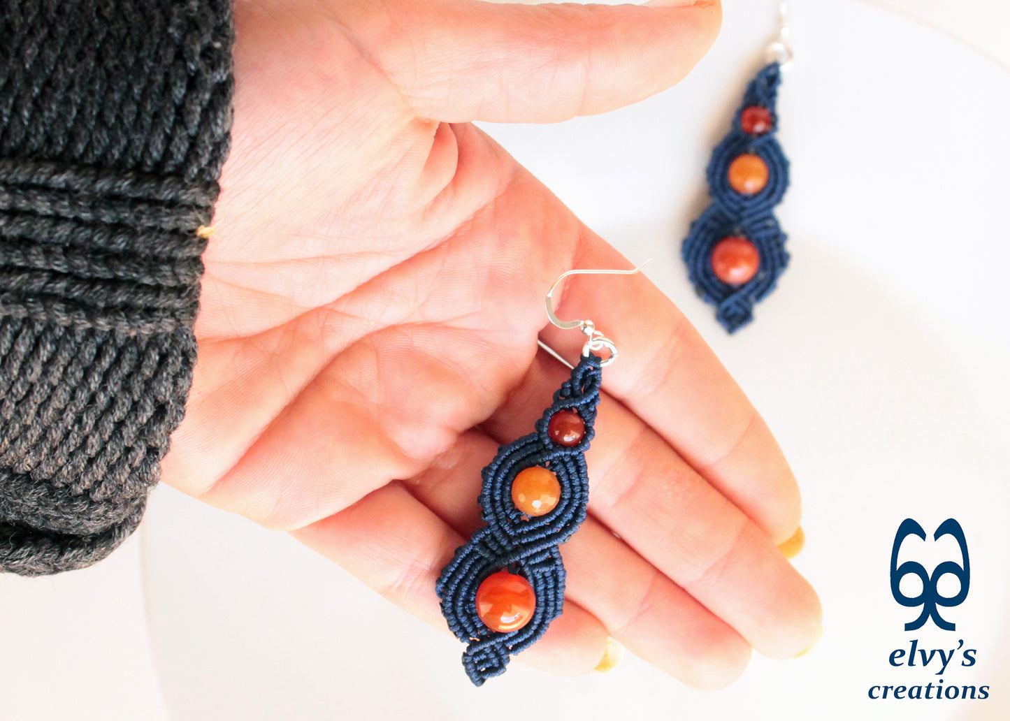 Blue Macrame Beaded Earrings, Carnelian Gemstone Beads, Silver Dangle Earrings, Birthday Gift for Women