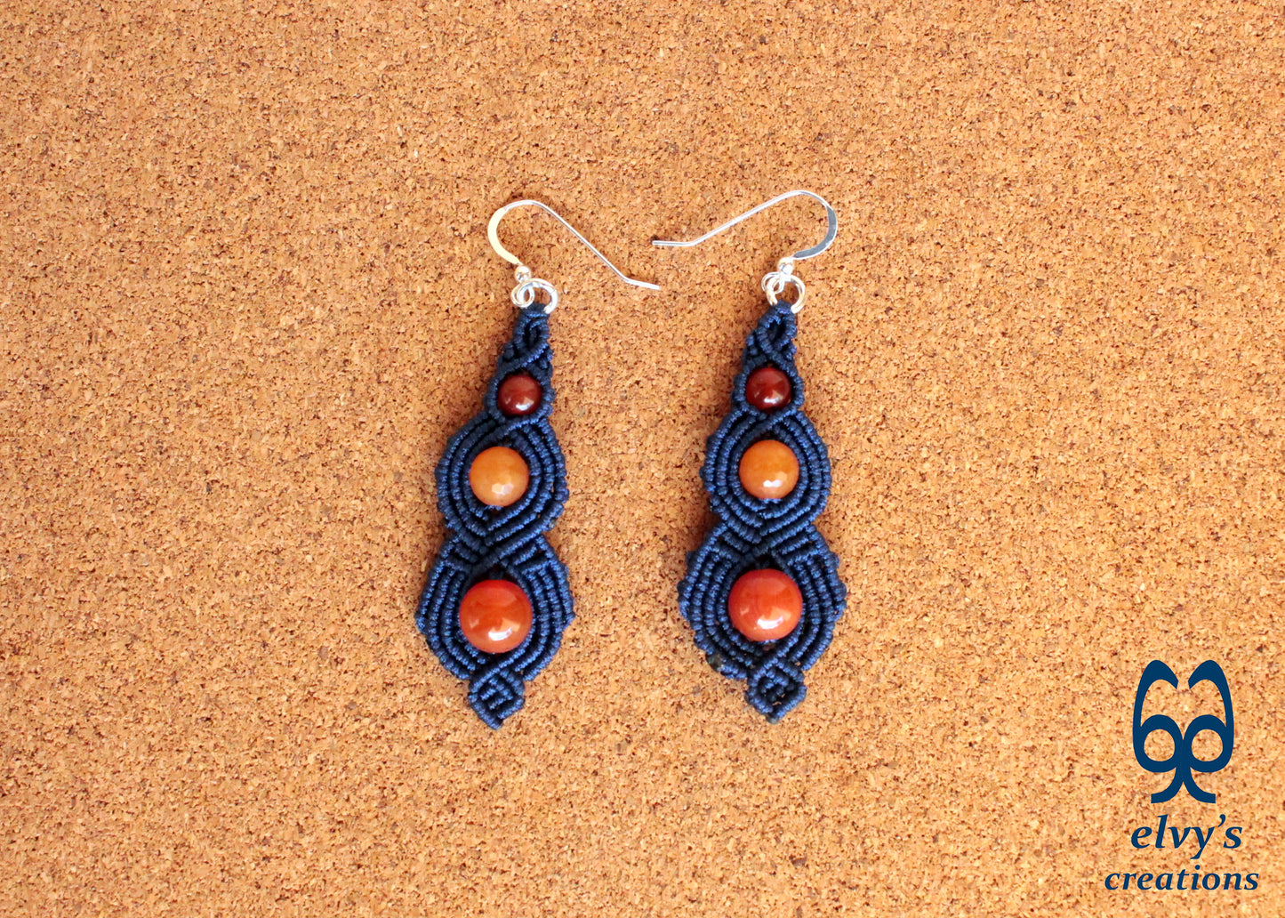 Blue Macrame Beaded Earrings, Carnelian Gemstone Beads, Silver Dangle Earrings, Birthday Gift for Women