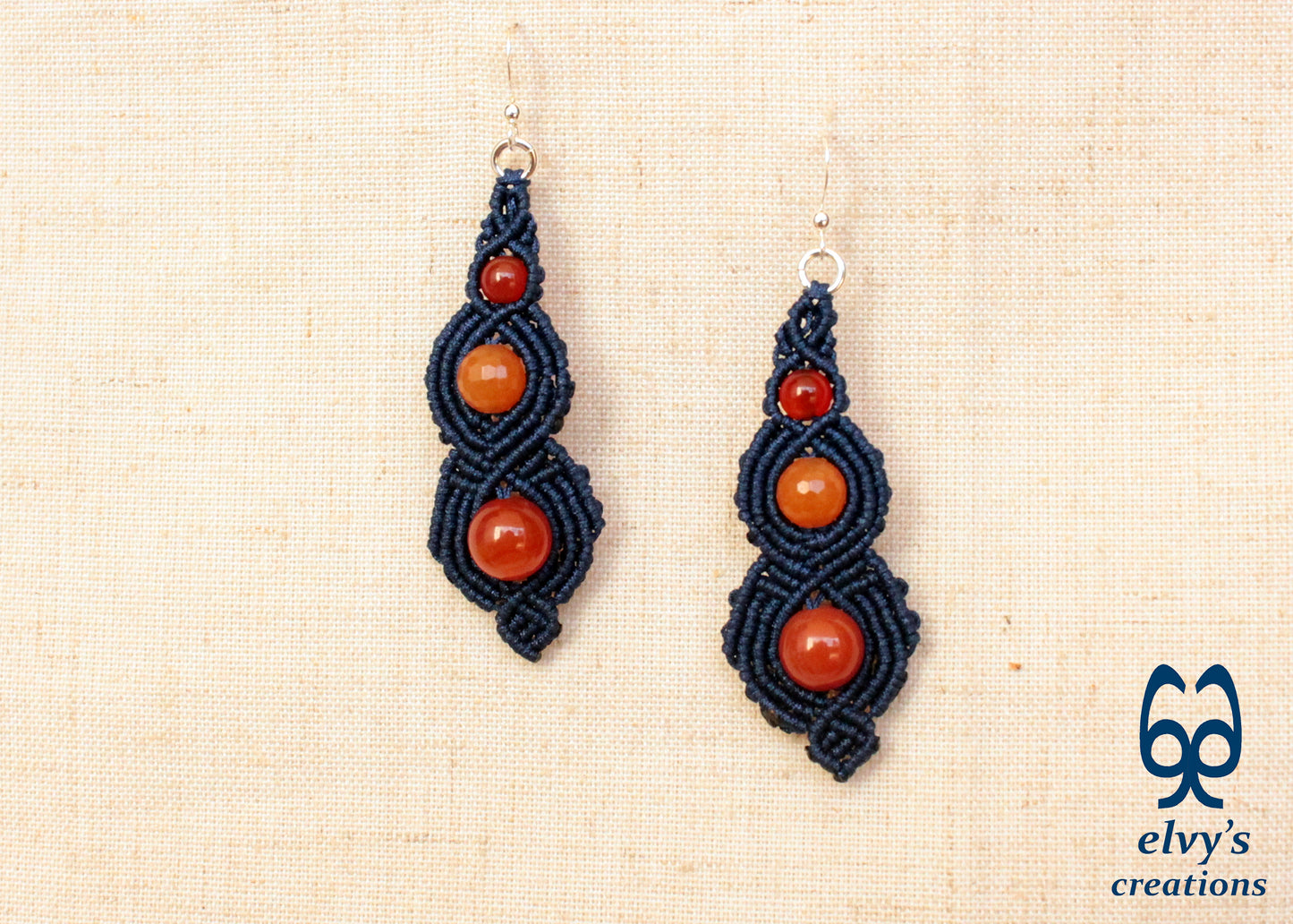 Blue Macrame Beaded Earrings, Carnelian Gemstone Beads, Silver Dangle Earrings, Birthday Gift for Women