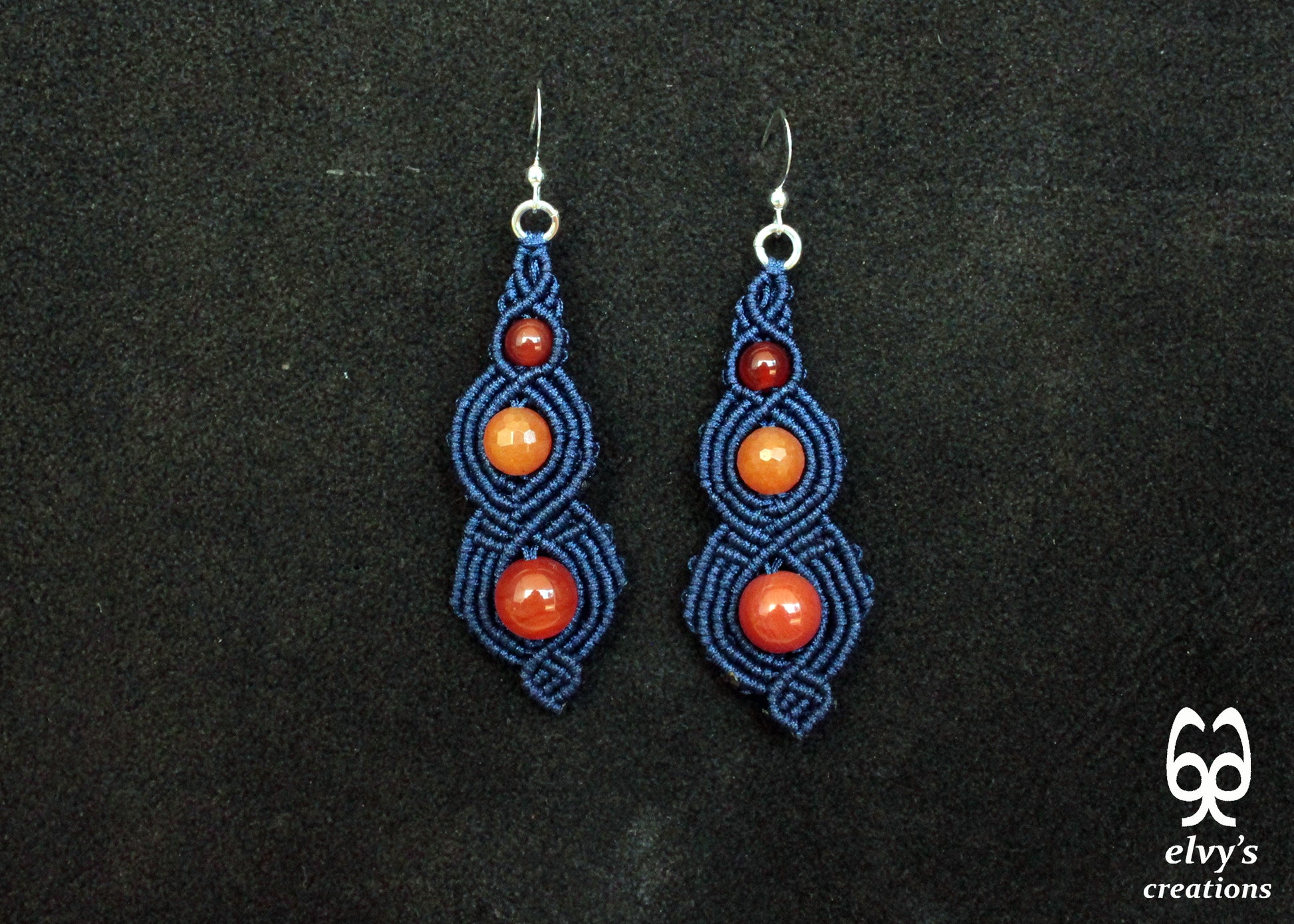 Blue Macrame Beaded Earrings, Carnelian Gemstone Beads, Silver Dangle Earrings, Birthday Gift for Women