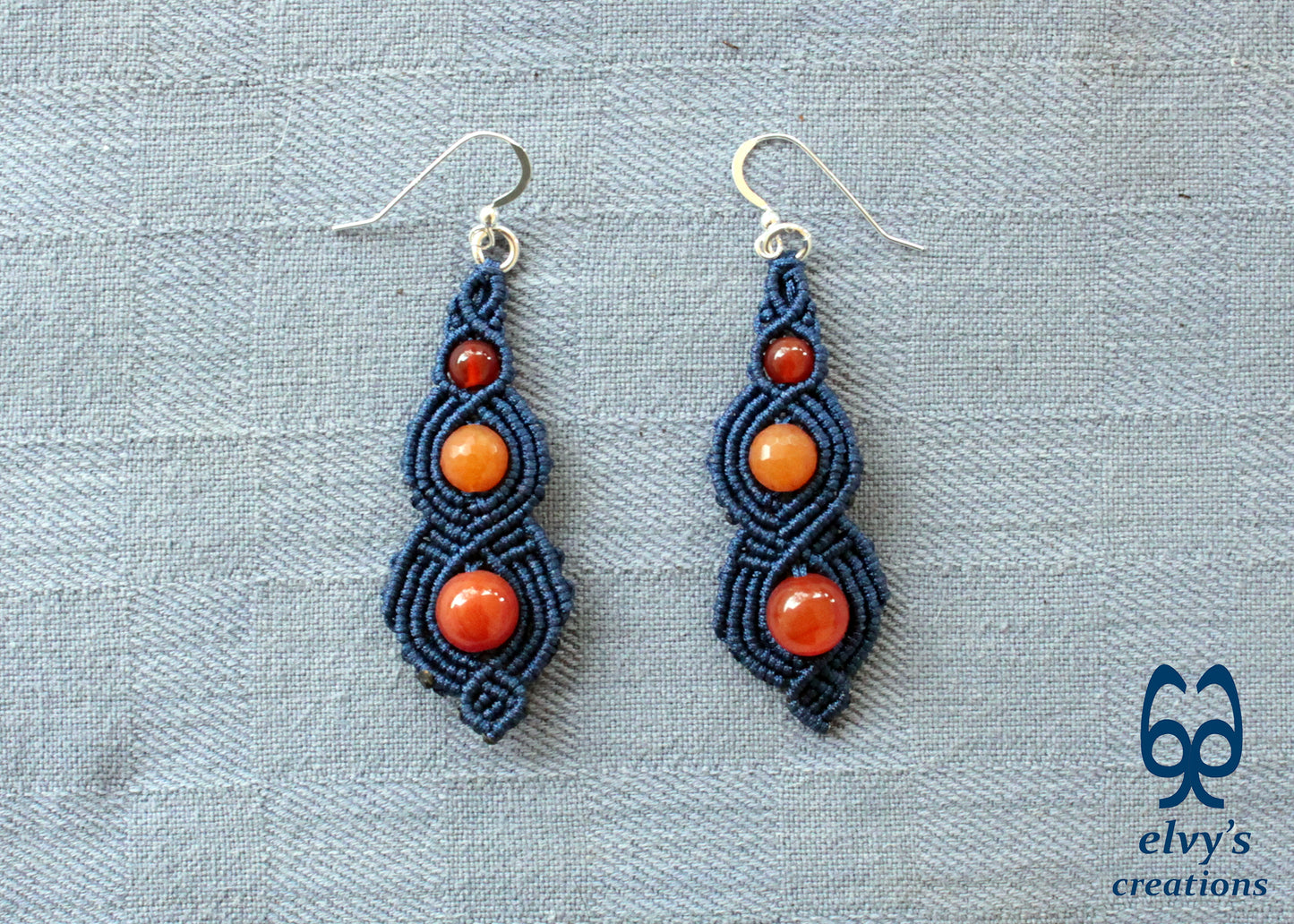 Blue Macrame Beaded Earrings, Carnelian Gemstone Beads, Silver Dangle Earrings, Birthday Gift for Women