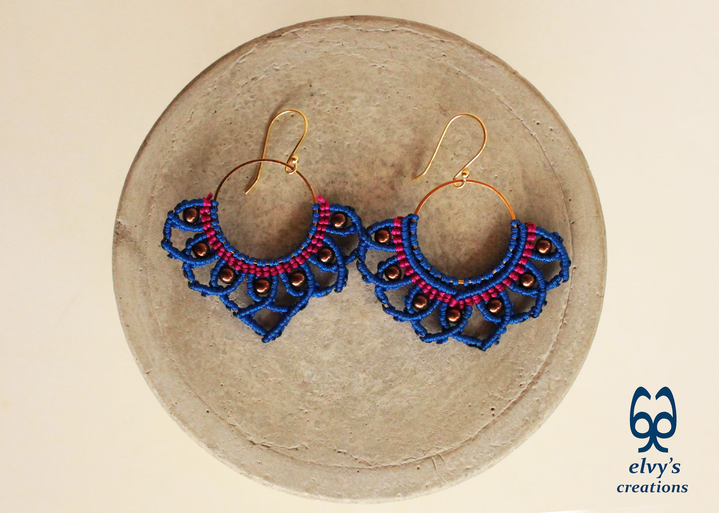 Blue Macrame Earrings with Hematite Gemstones Lotus Gold Hoop Earrings