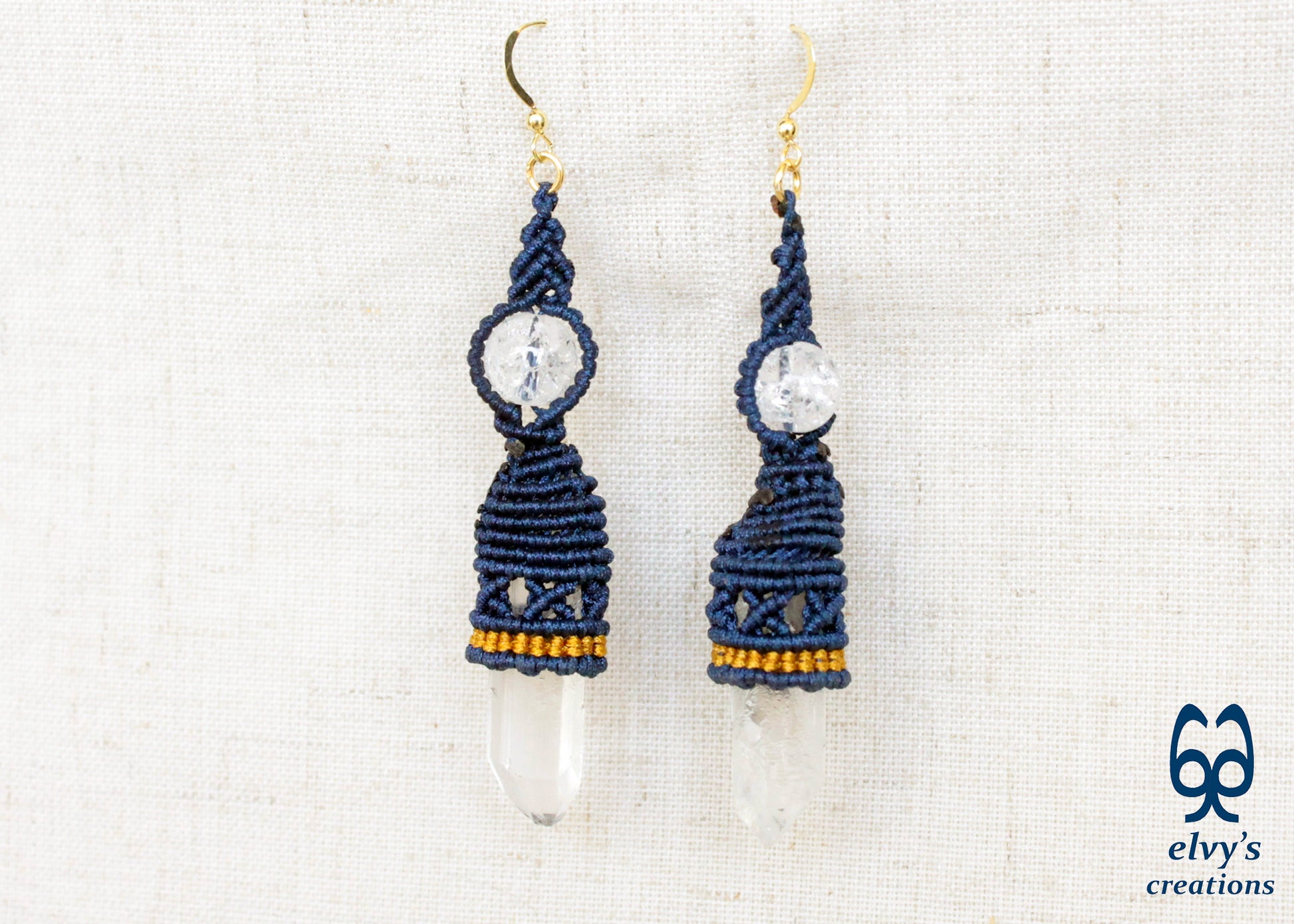 Handmade Gold Macrame Earrings, Raw Crystal Handmade Jewelry, Birthday Gift for Women