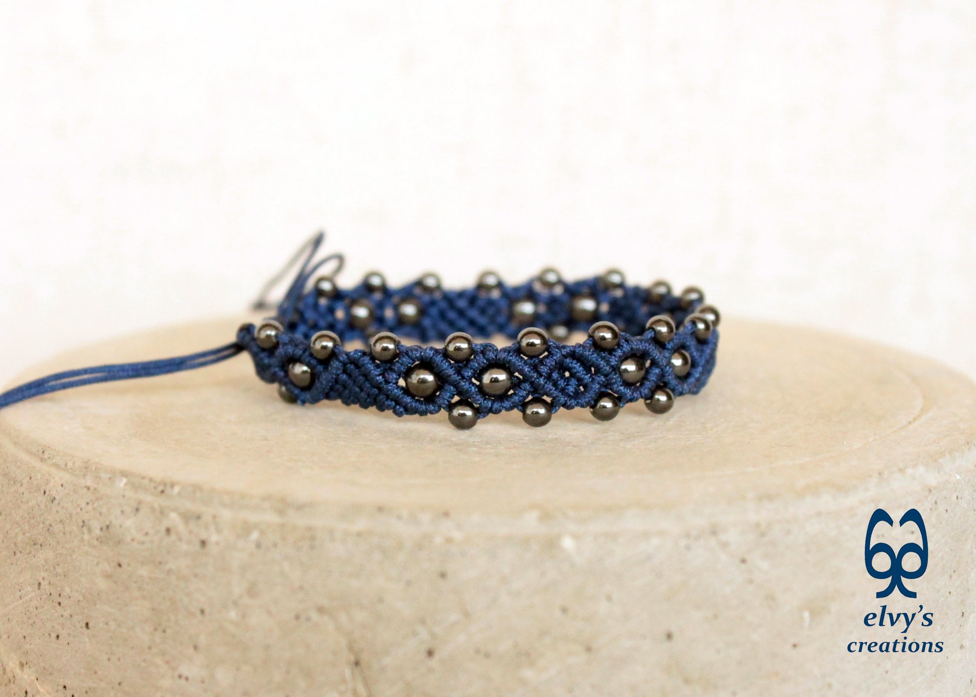 Blue Macrame Bracelet with Gray Hematite Gemstone Beaded Cuff, Unique Birthday Gift for Women