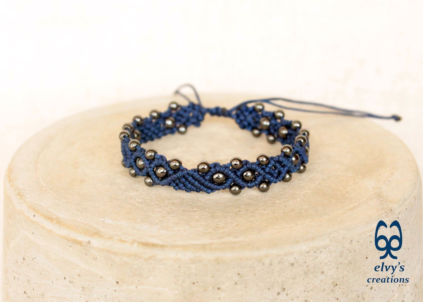 Blue Macrame Bracelet with Gray Hematite Gemstone Beaded Cuff, Unique Birthday Gift for Women