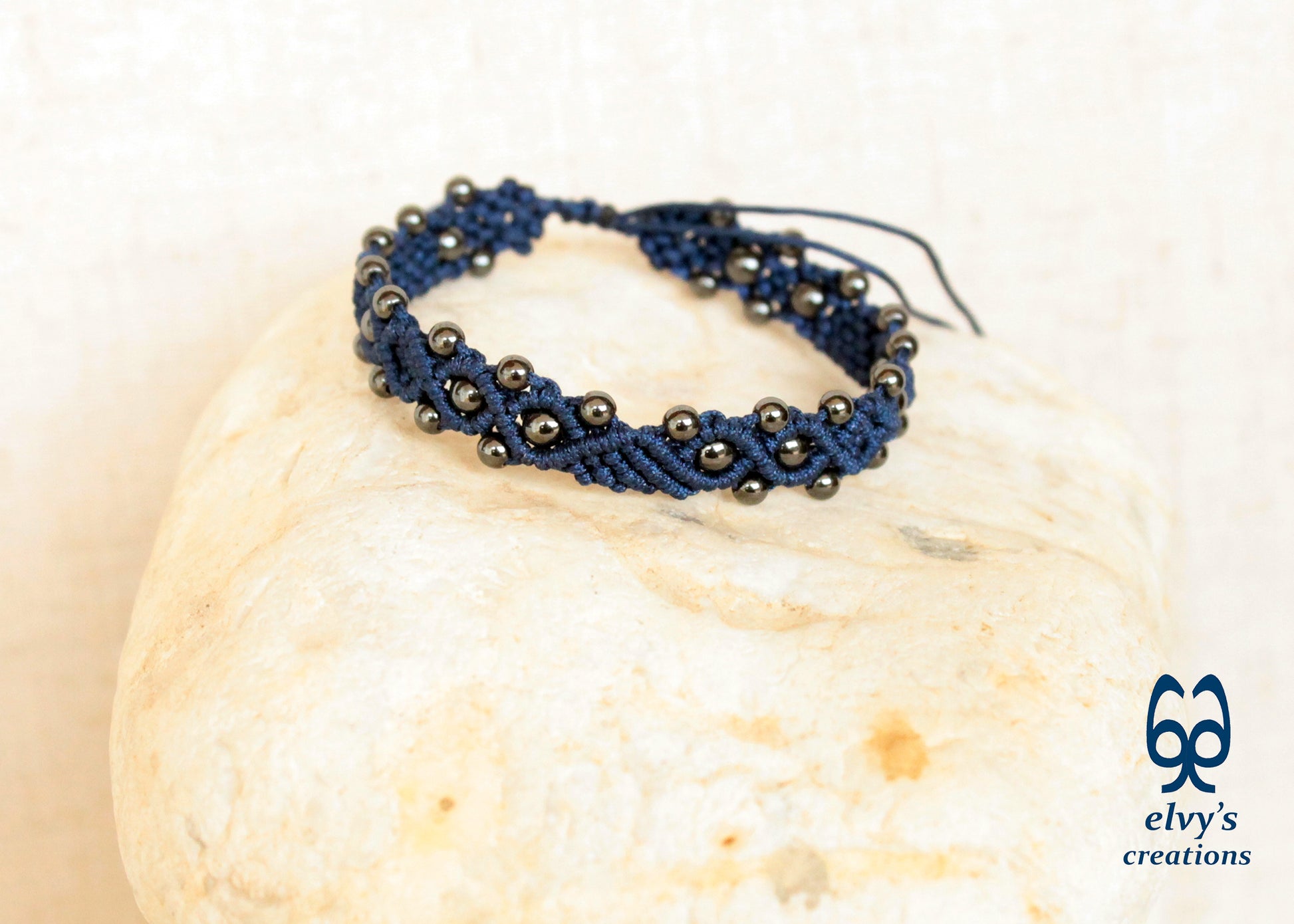 Blue Macrame Bracelet with Gray Hematite Gemstone Beaded Cuff, Unique Birthday Gift for Women