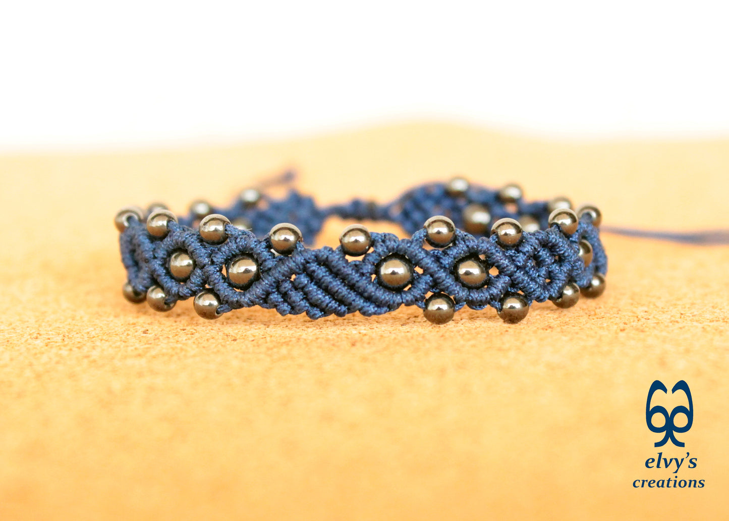 Blue Macrame Bracelet with Gray Hematite Gemstone Beaded Cuff, Unique Birthday Gift for Women