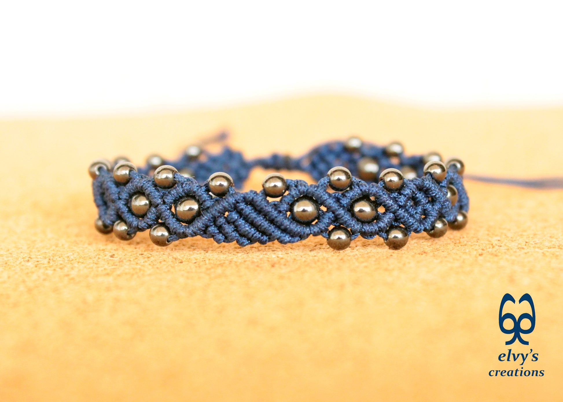 Blue Macrame Bracelet with Gray Hematite Gemstone Beaded Cuff, Unique Birthday Gift for Women