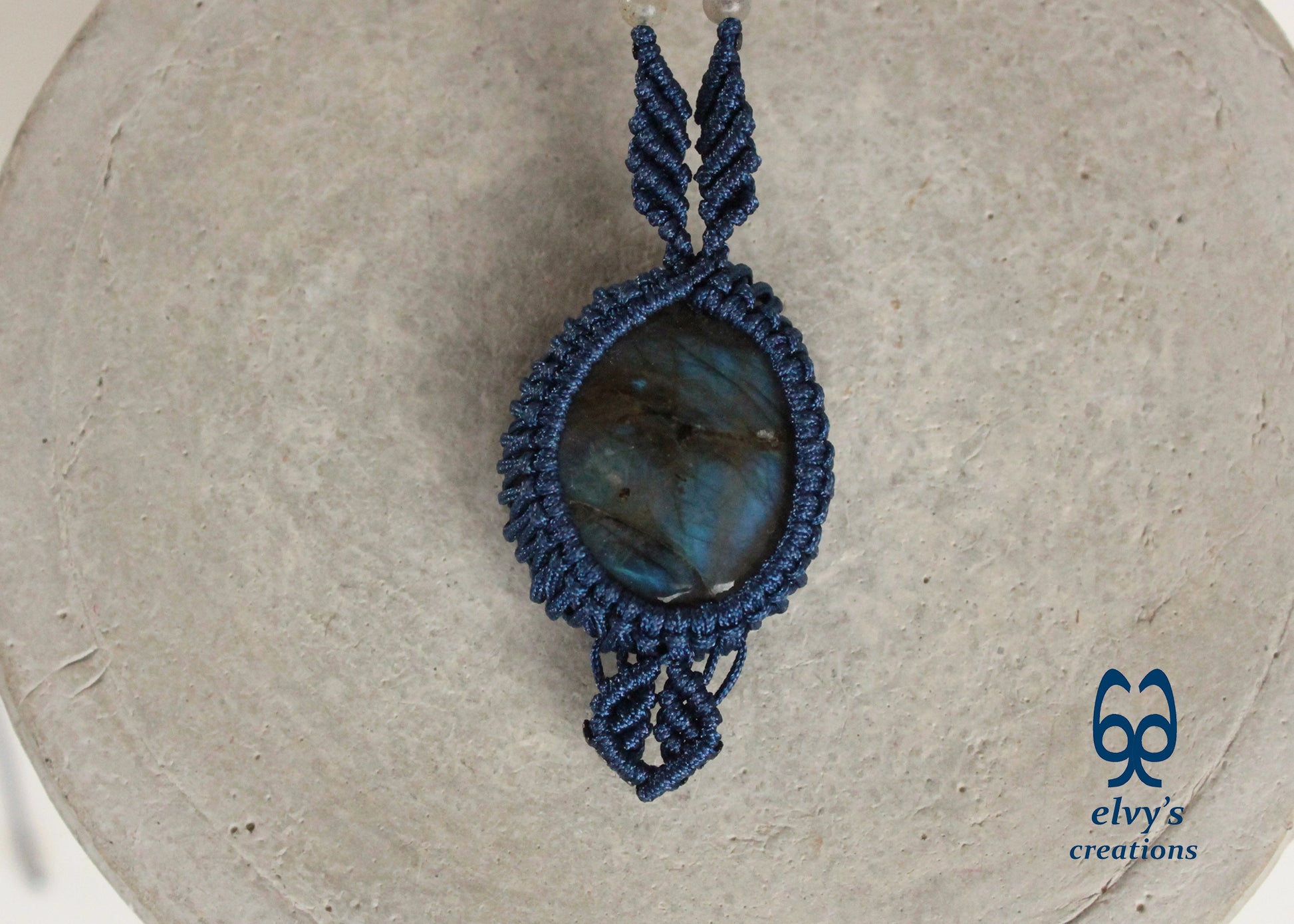 Blue Macrame Necklace Labradorite Pendant Lace Macrame Wrapped Gemstone