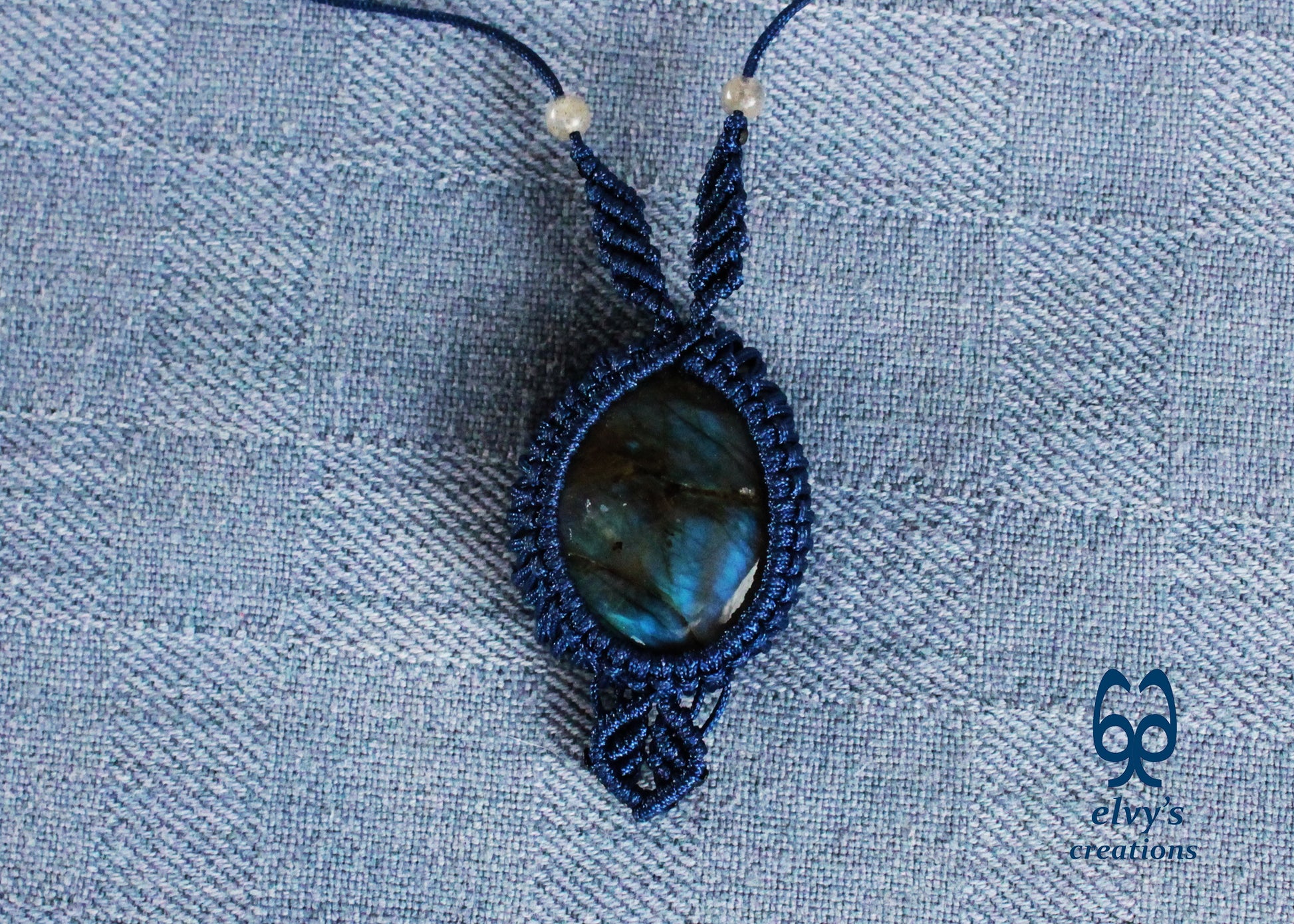 Blue Macrame Necklace Labradorite Pendant Lace Macrame Wrapped Gemstone