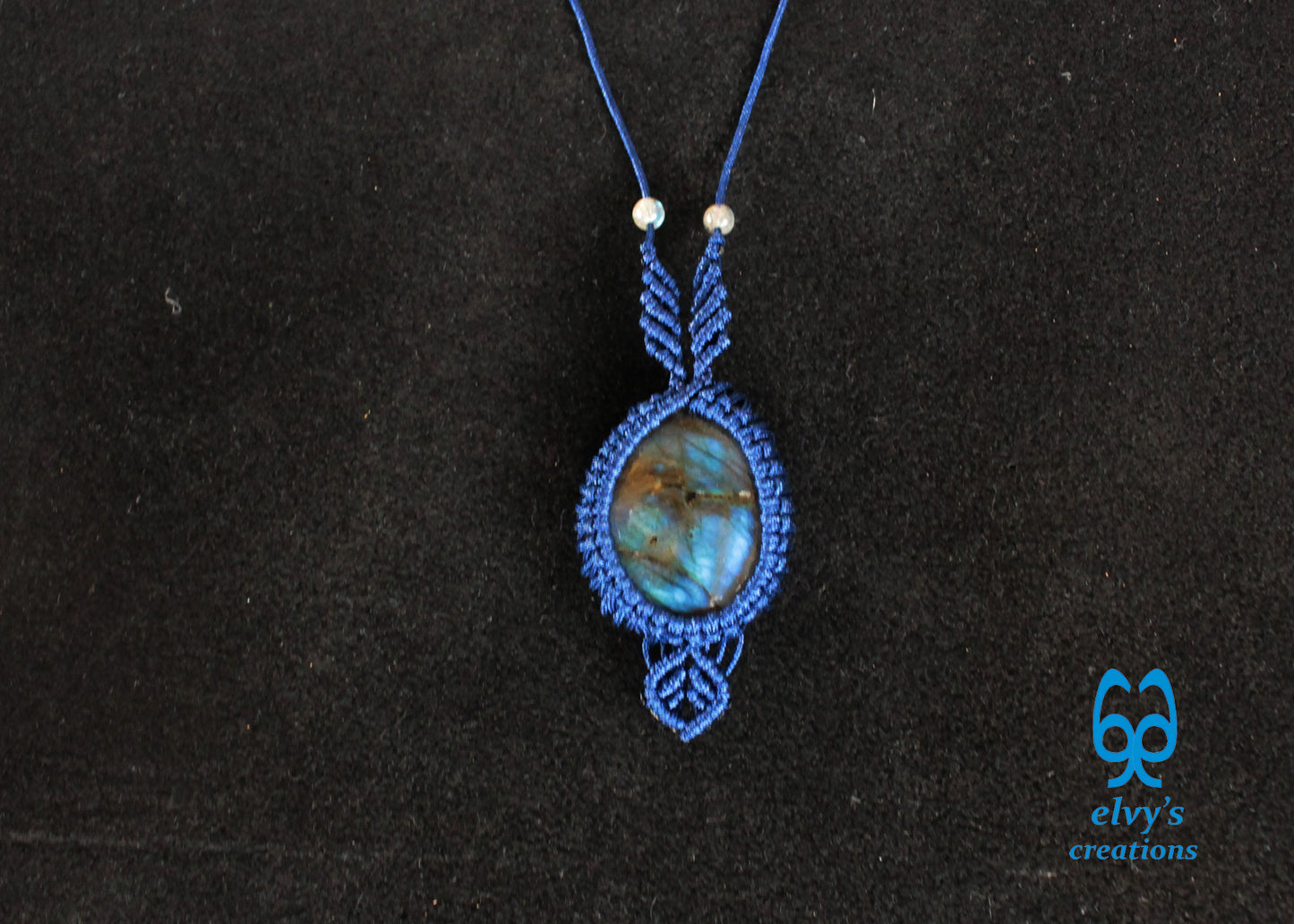 Blue Macrame Necklace Labradorite Pendant Lace Macrame Wrapped Gemstone