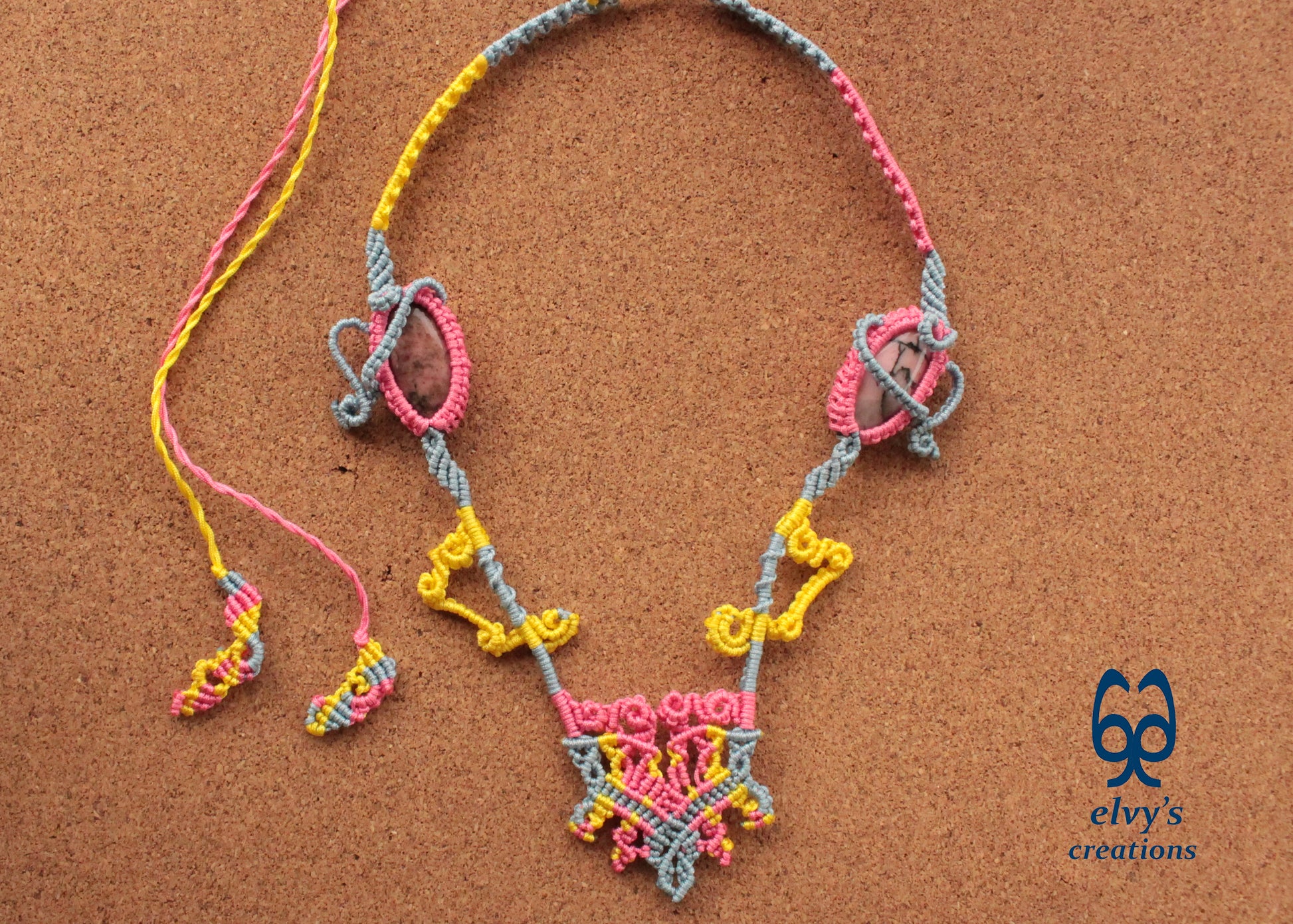 Blue Macrame Necklace with Pink Rhodonite Gemstones Yellow Adjustable Necklace