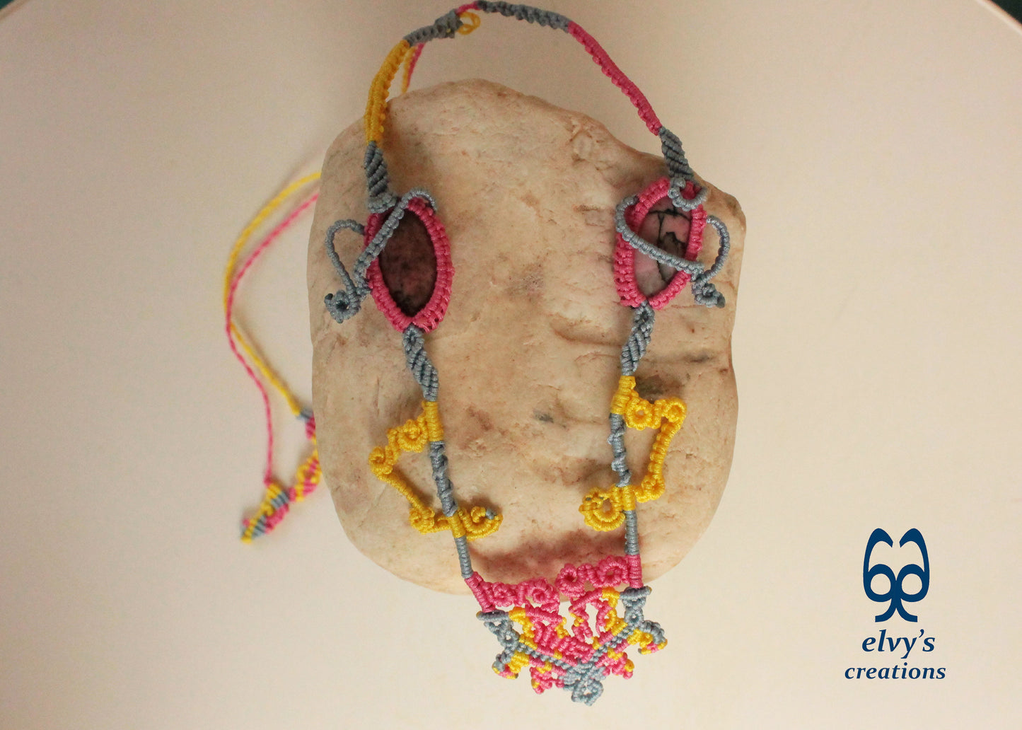 Blue Macrame Necklace with Pink Rhodonite Gemstones Yellow Adjustable Necklace