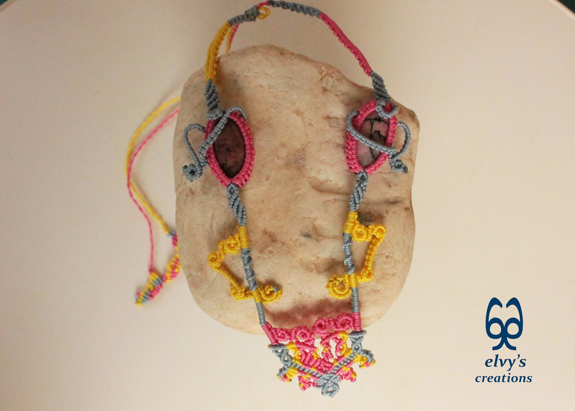 Blue Macrame Necklace with Pink Rhodonite Gemstones Yellow Adjustable Necklace