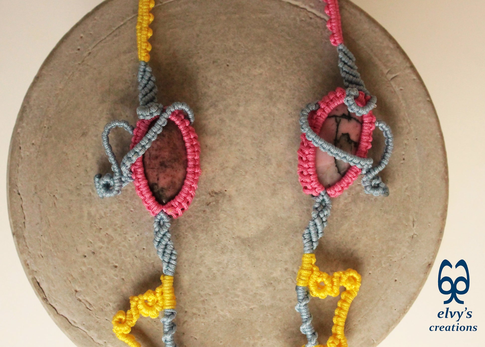 Blue Macrame Necklace with Pink Rhodonite Gemstones Yellow Adjustable Necklace