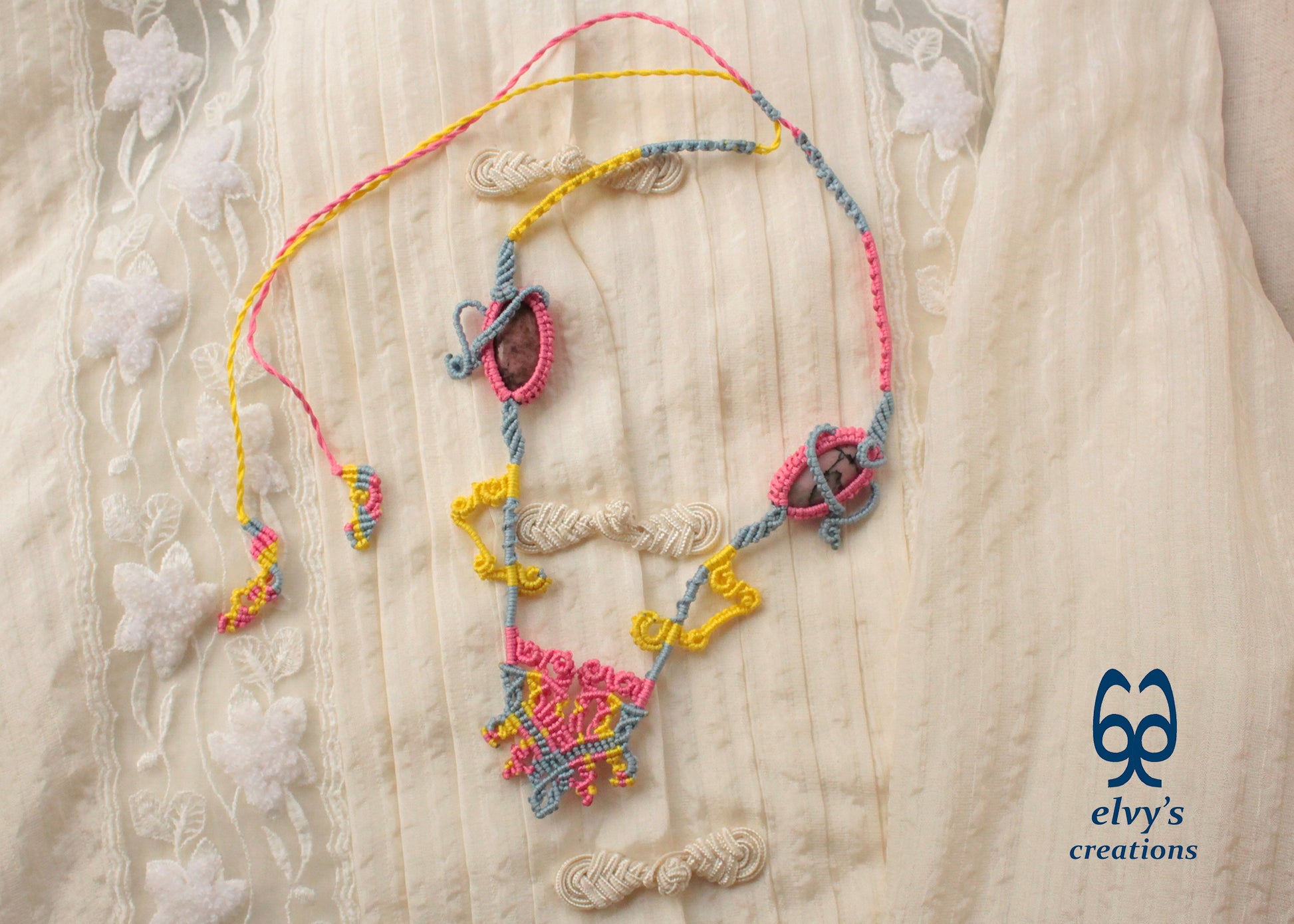 Blue Macrame Necklace with Pink Rhodonite Gemstones Yellow Adjustable Necklace
