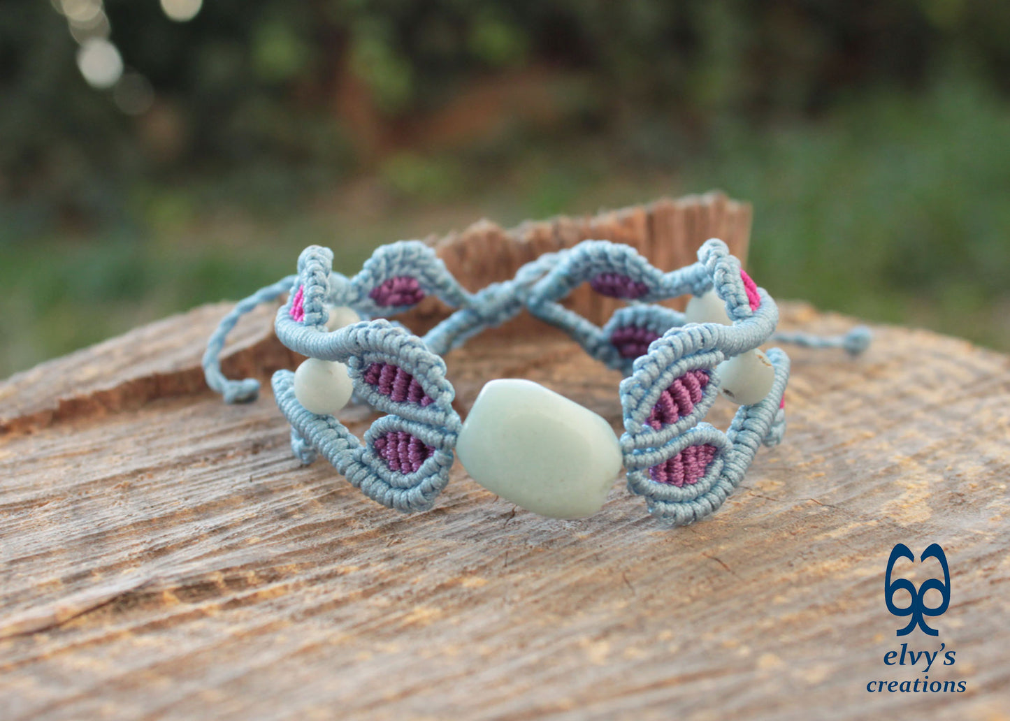 Blue Macrame Bracelet with Amazonite Gemstone Adjustable Unique Birthday Gift for Women