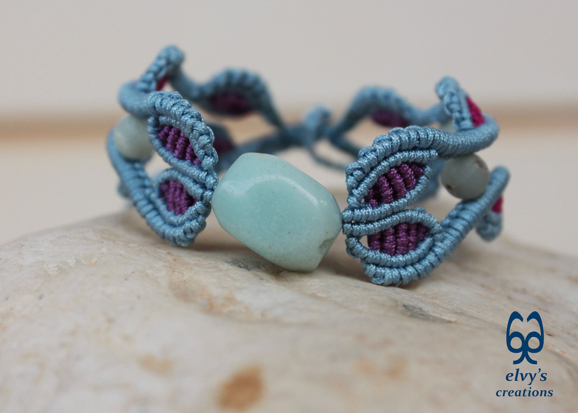 Blue Macrame Bracelet with Amazonite Gemstone Adjustable Unique Birthday Gift for Women