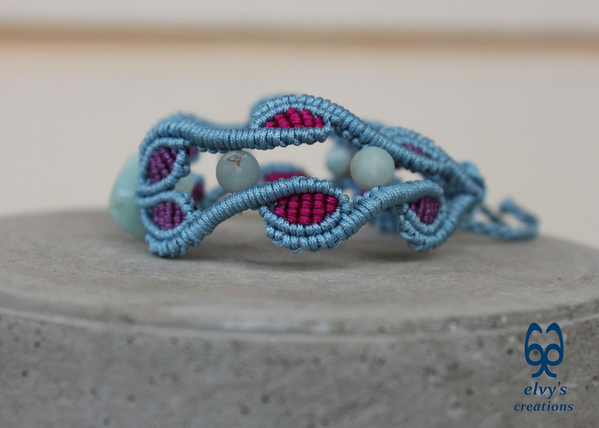 Blue Macrame Bracelet with Amazonite Gemstone Adjustable Unique Birthday Gift for Women