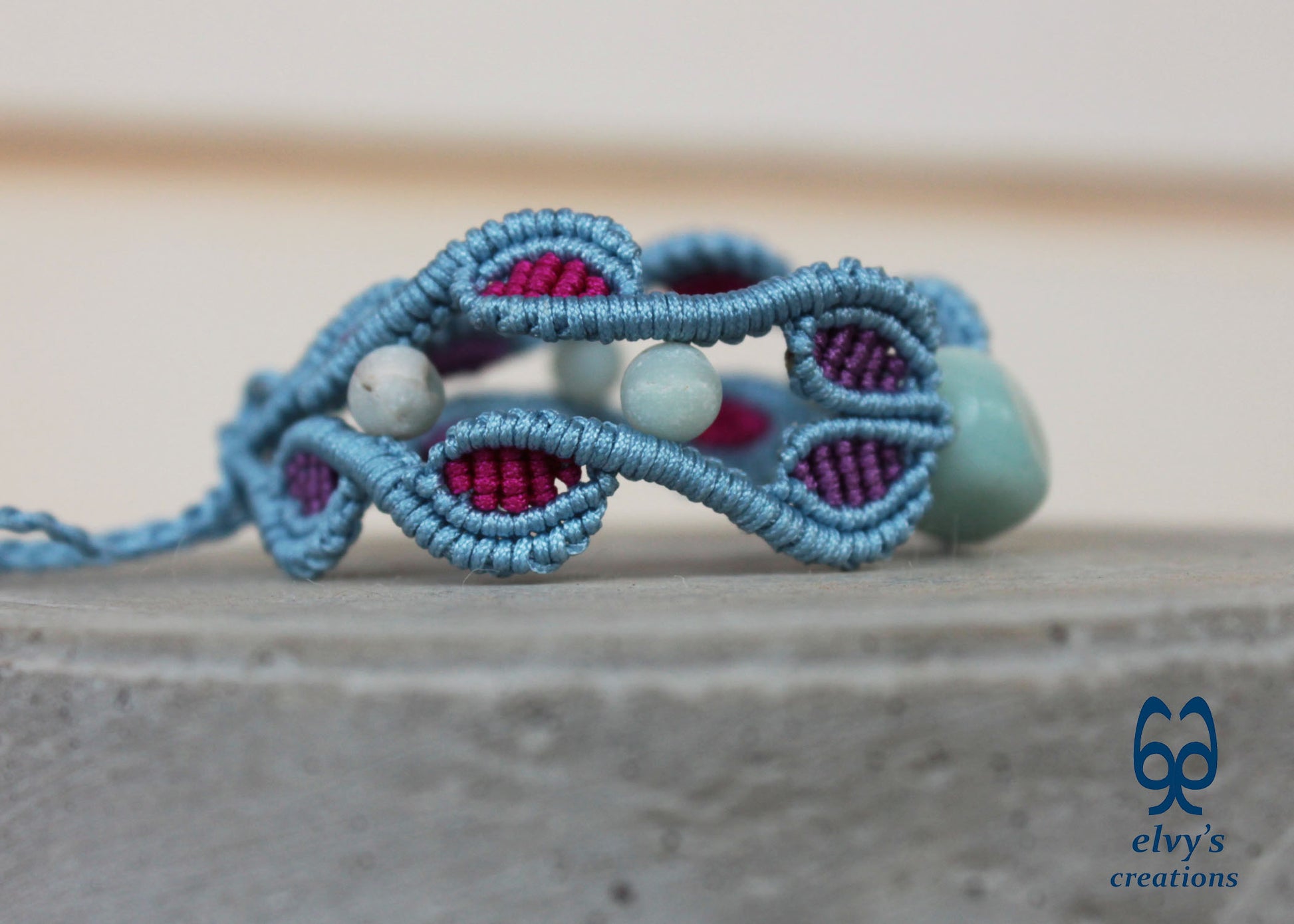 Blue Macrame Bracelet with Amazonite Gemstone Adjustable Unique Birthday Gift for Women