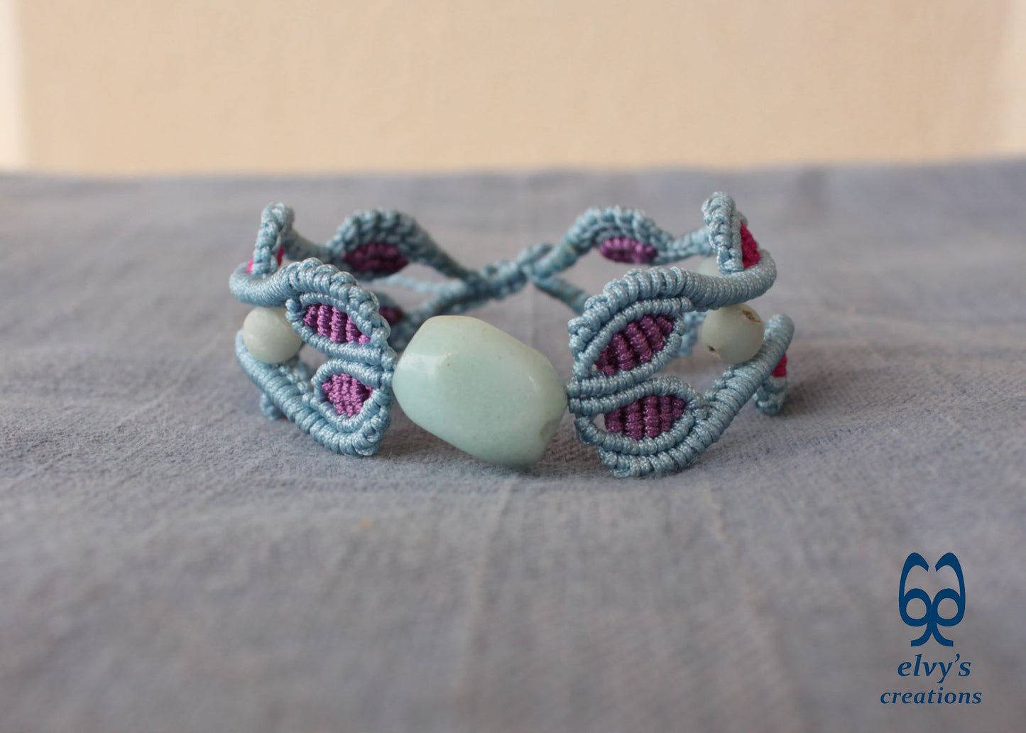 Blue Macrame Bracelet with Amazonite Gemstone Adjustable Unique Birthday Gift for Women