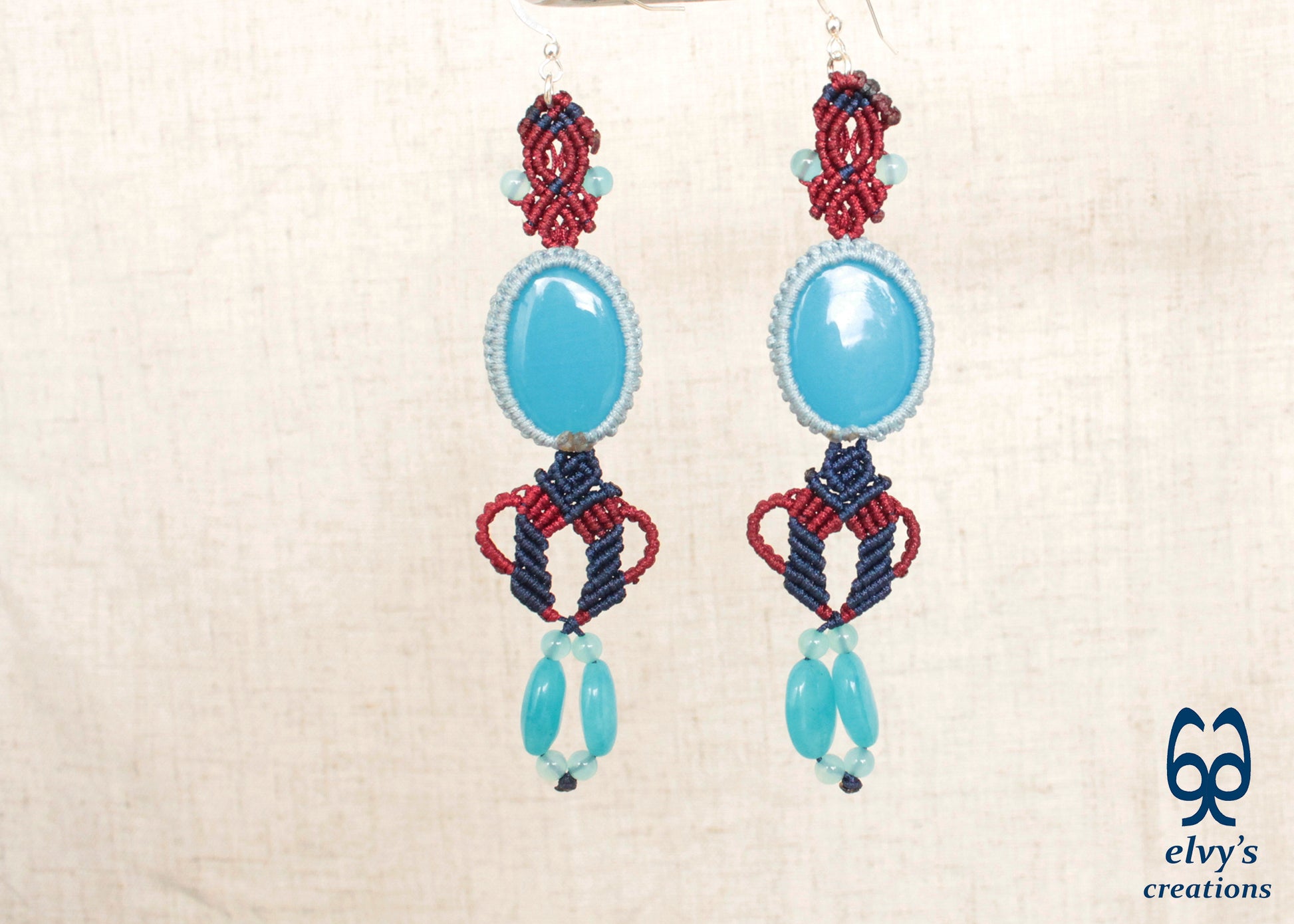 Dark Blue and Red Macrame Earrings with Blue Agate Gemstones Gift for Her Gemini Healing Macrame Stone